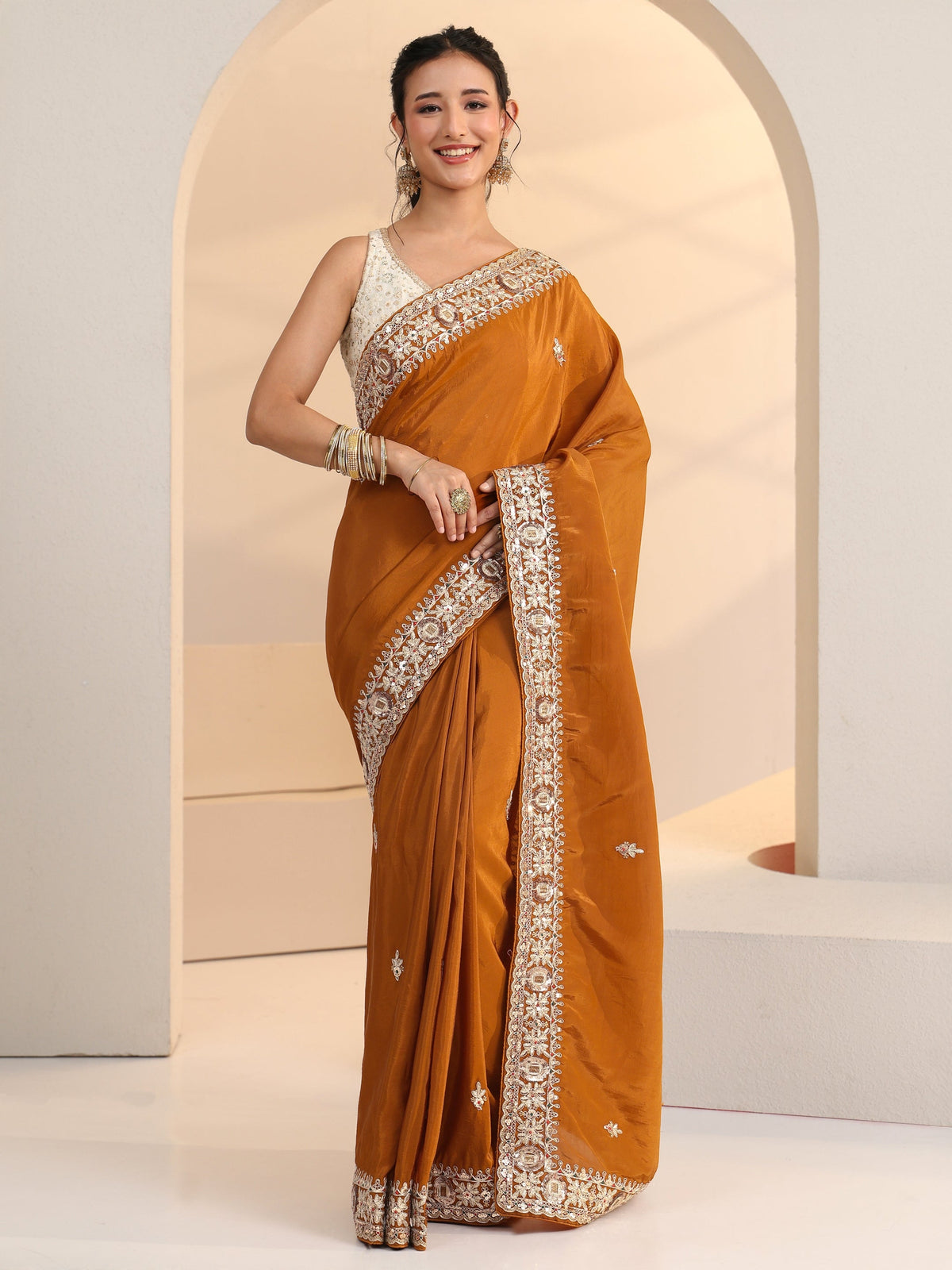 Anouk Rust Embroidered Silk Blend Saree