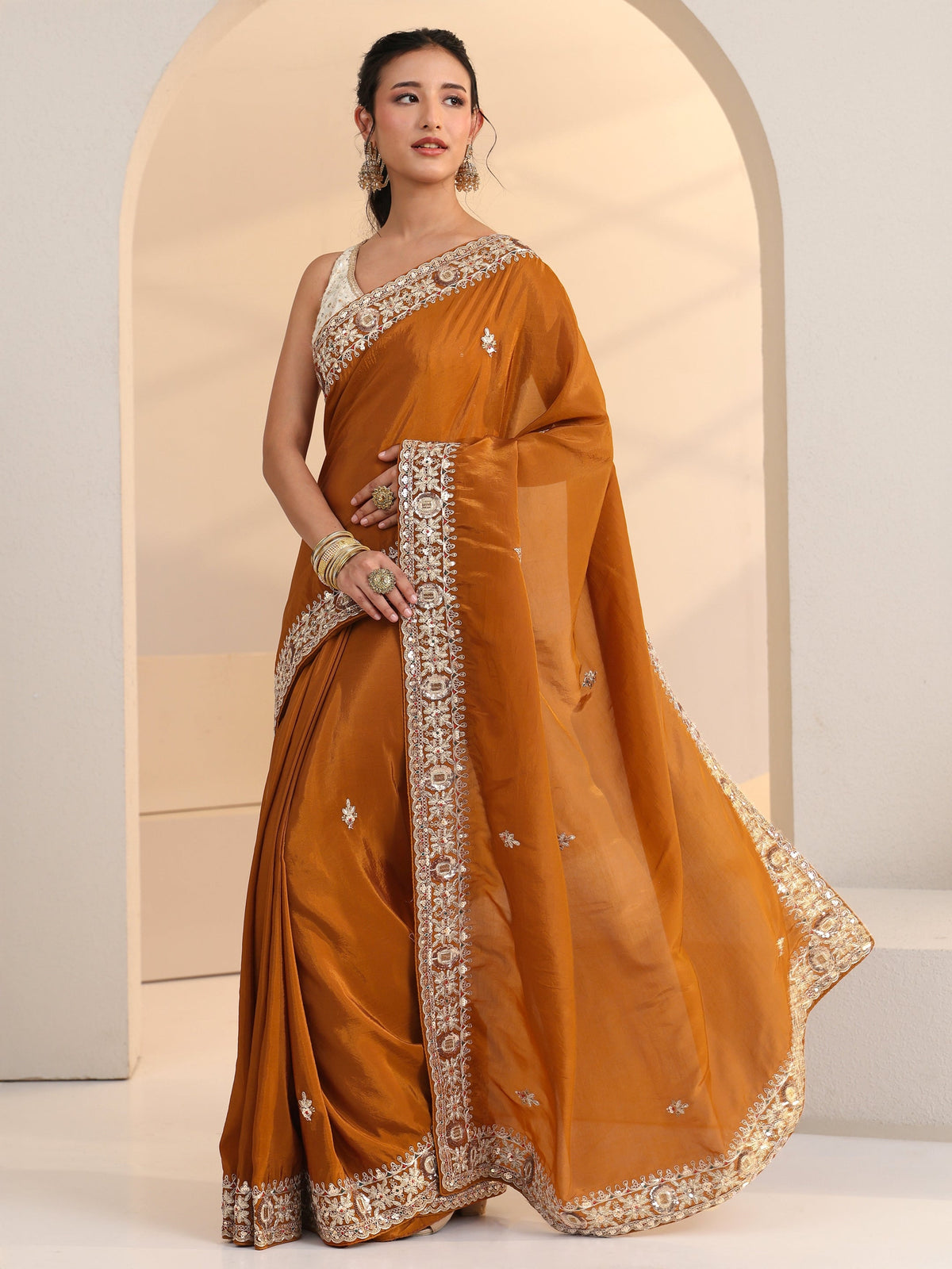 Anouk Rust Embroidered Silk Blend Saree