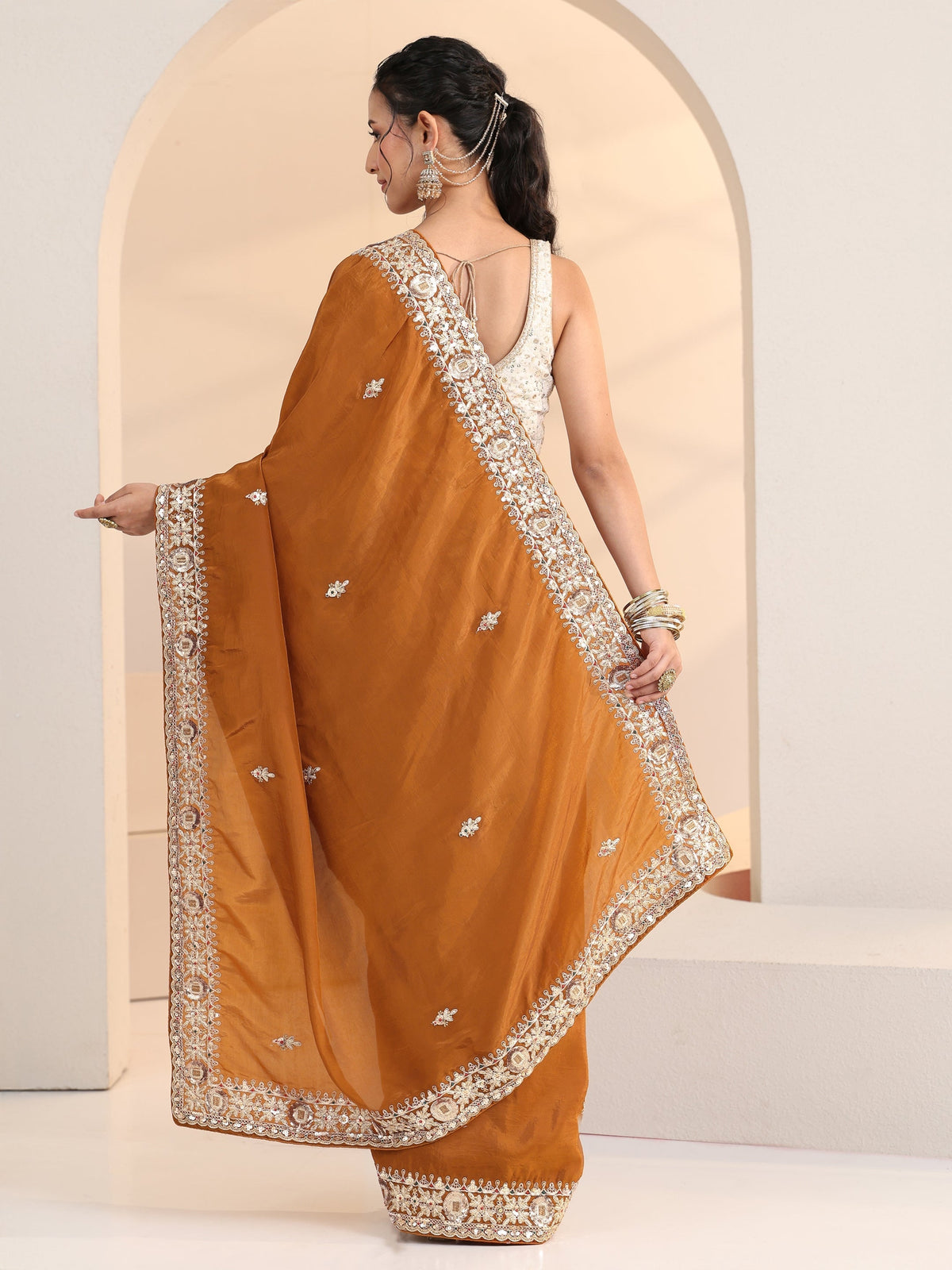 Anouk Rust Embroidered Silk Blend Saree