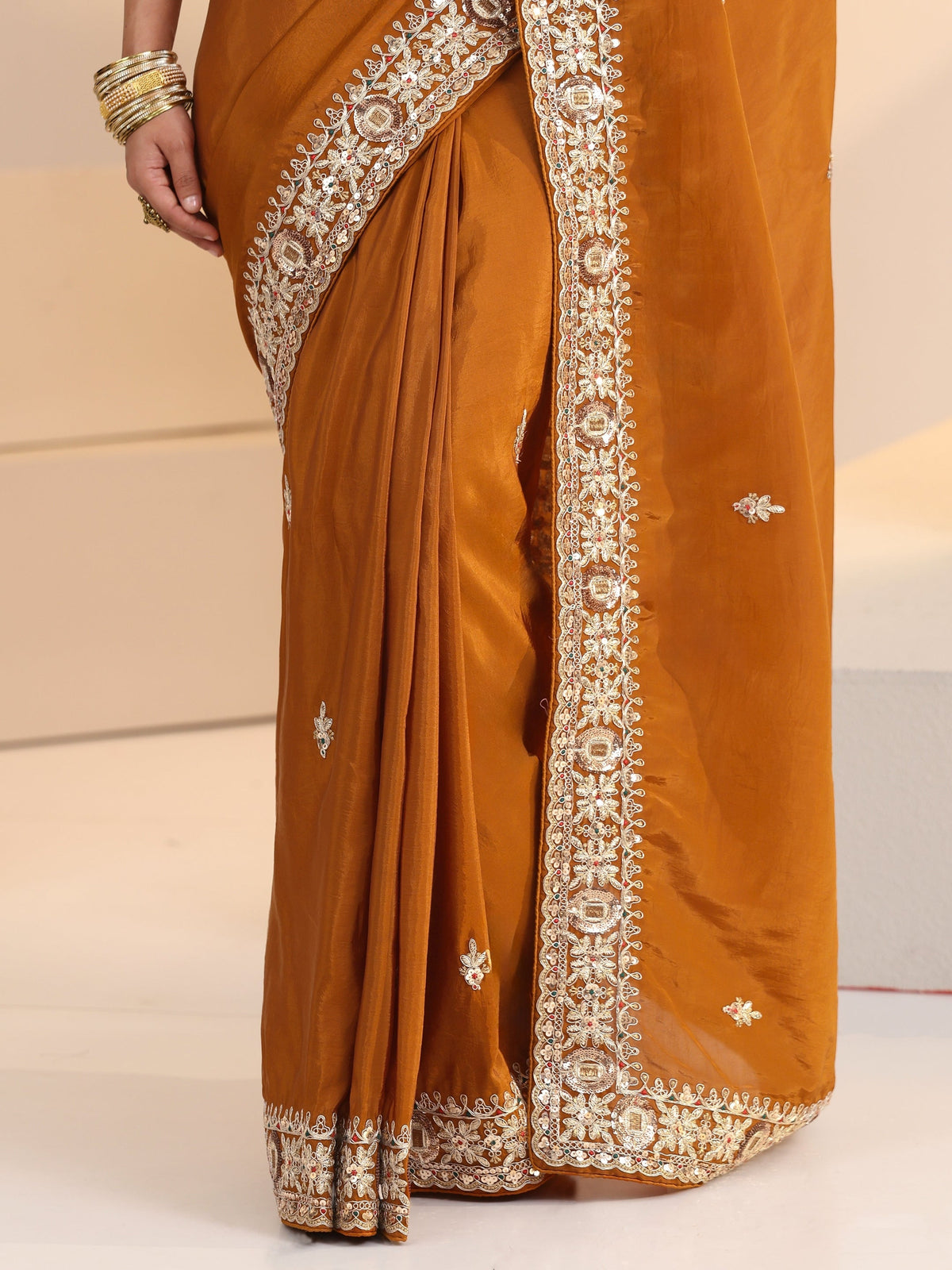 Anouk Rust Embroidered Silk Blend Saree