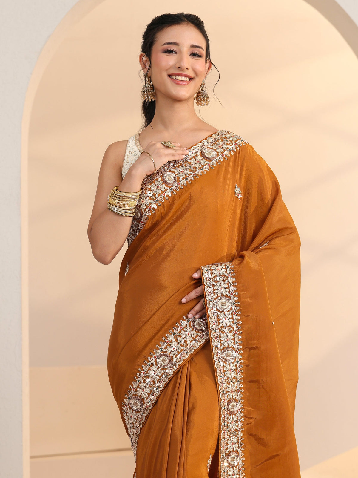 Anouk Rust Embroidered Silk Blend Saree