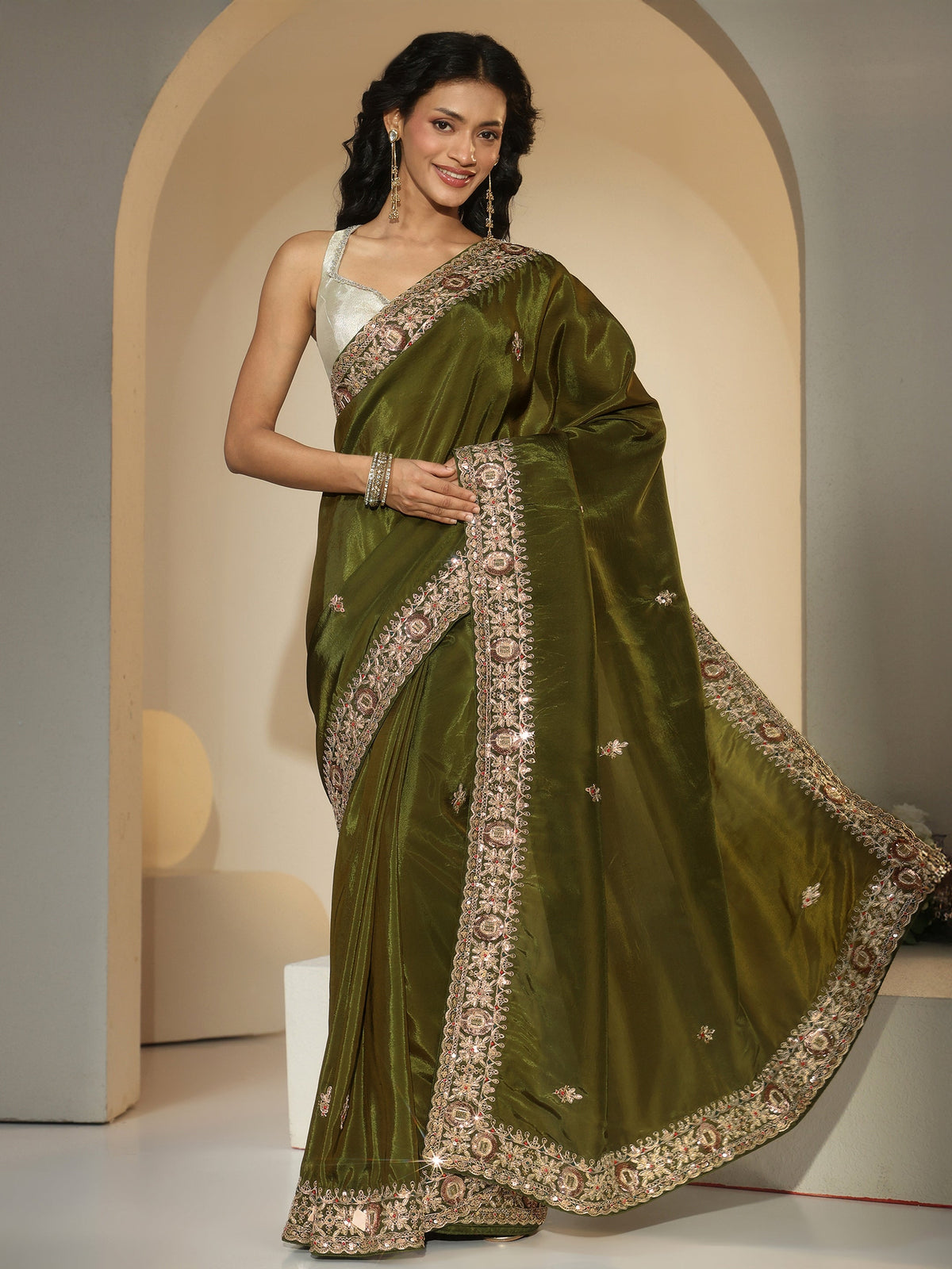 Anouk Olive Green Embroidered Silk Blend Saree