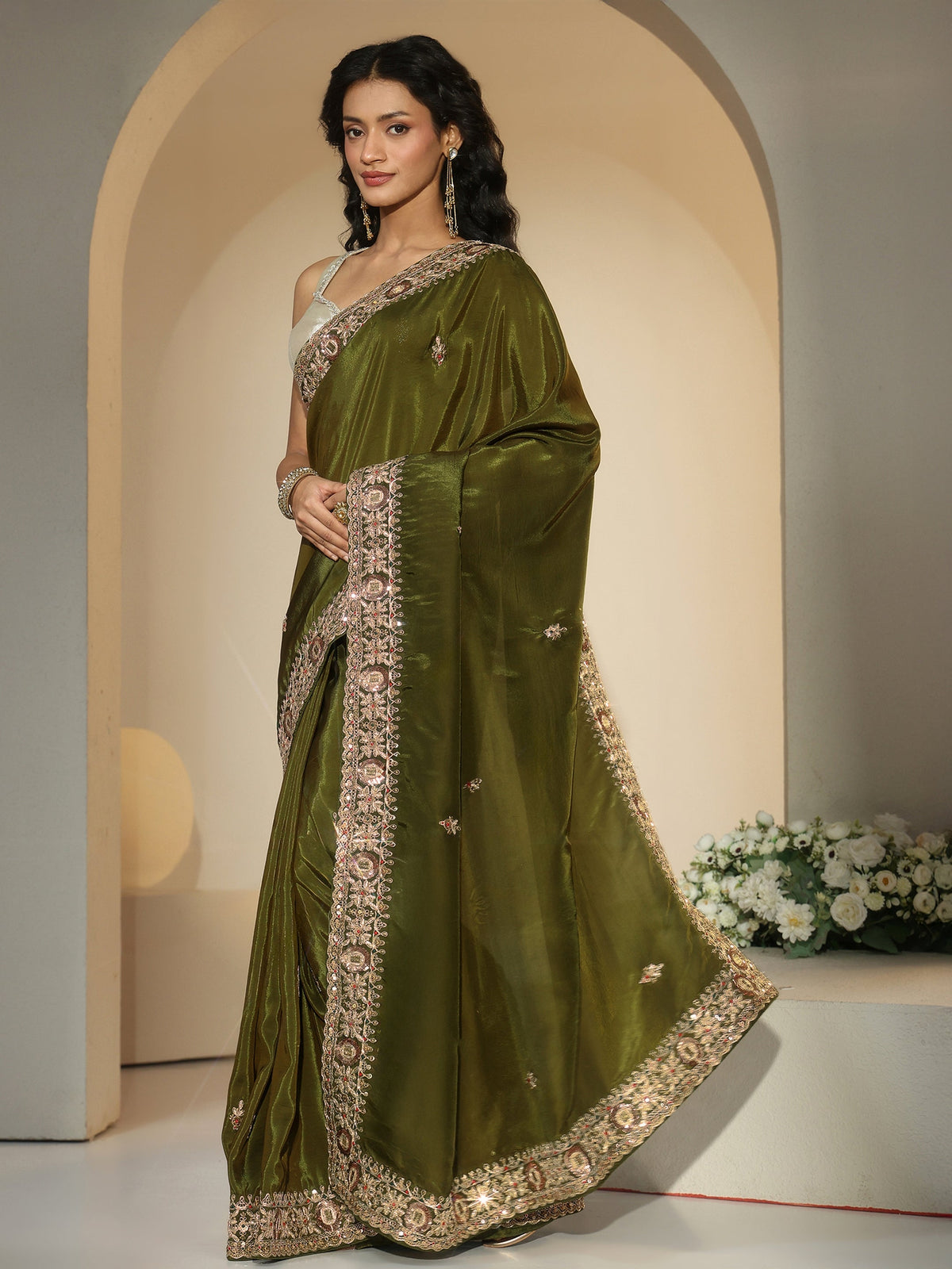 Anouk Olive Green Embroidered Silk Blend Saree