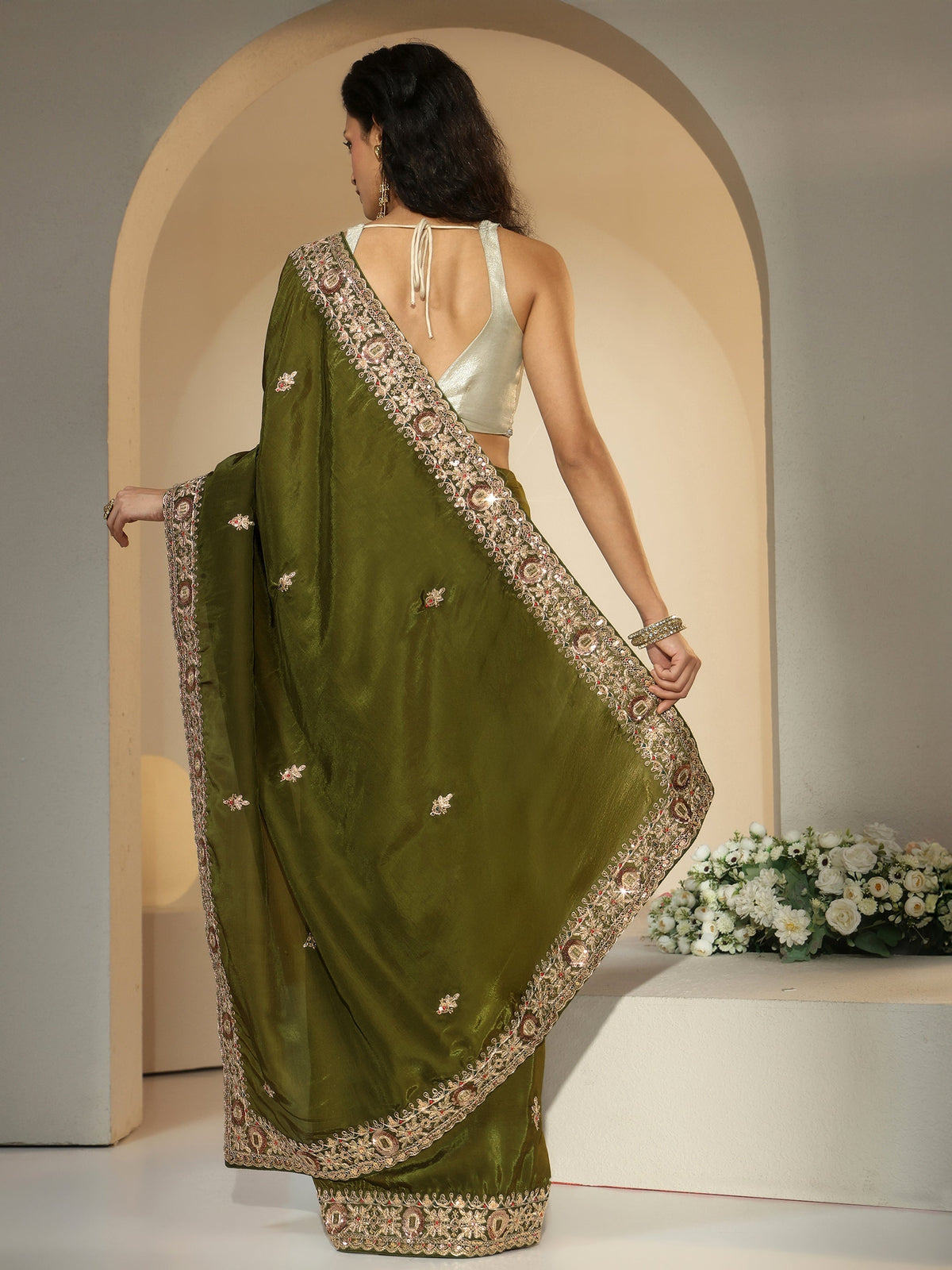 Anouk Olive Green Embroidered Silk Blend Saree