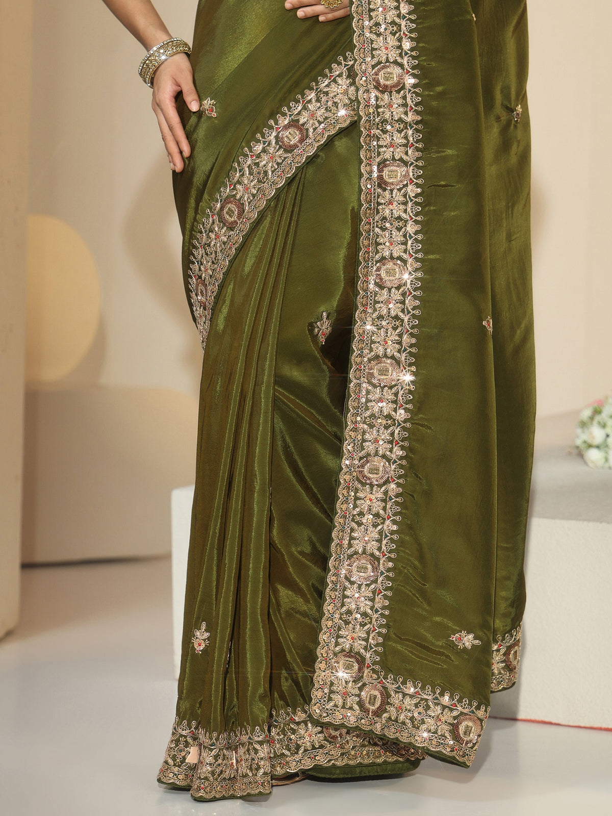 Anouk Olive Green Embroidered Silk Blend Saree
