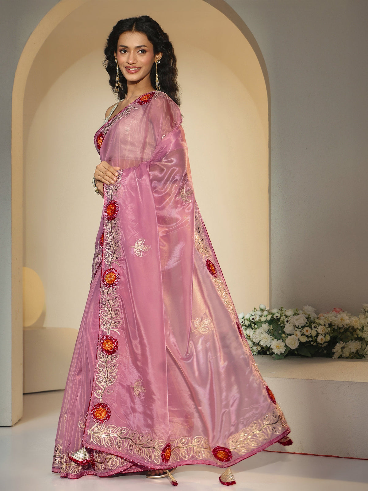 Anouk Dusty Rose Pink Floral Embellished Tissue Saree