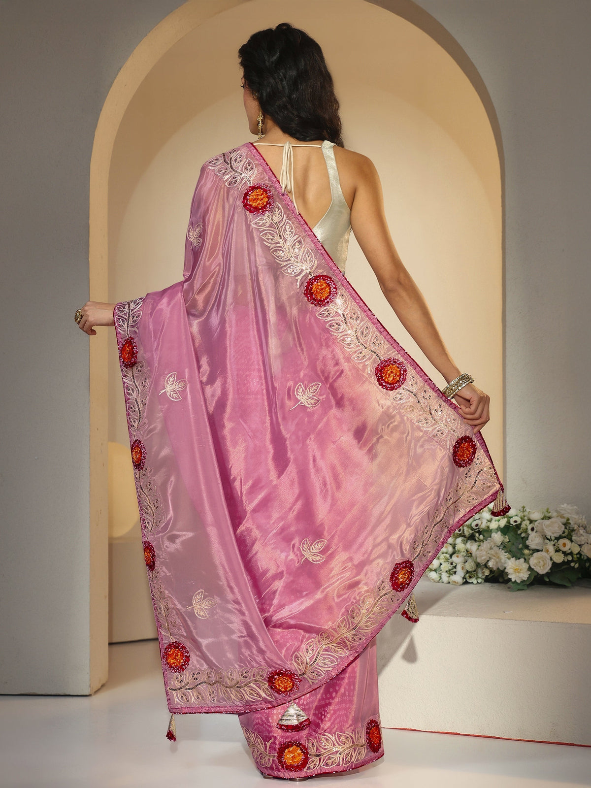 Anouk Dusty Rose Pink Floral Embellished Tissue Saree