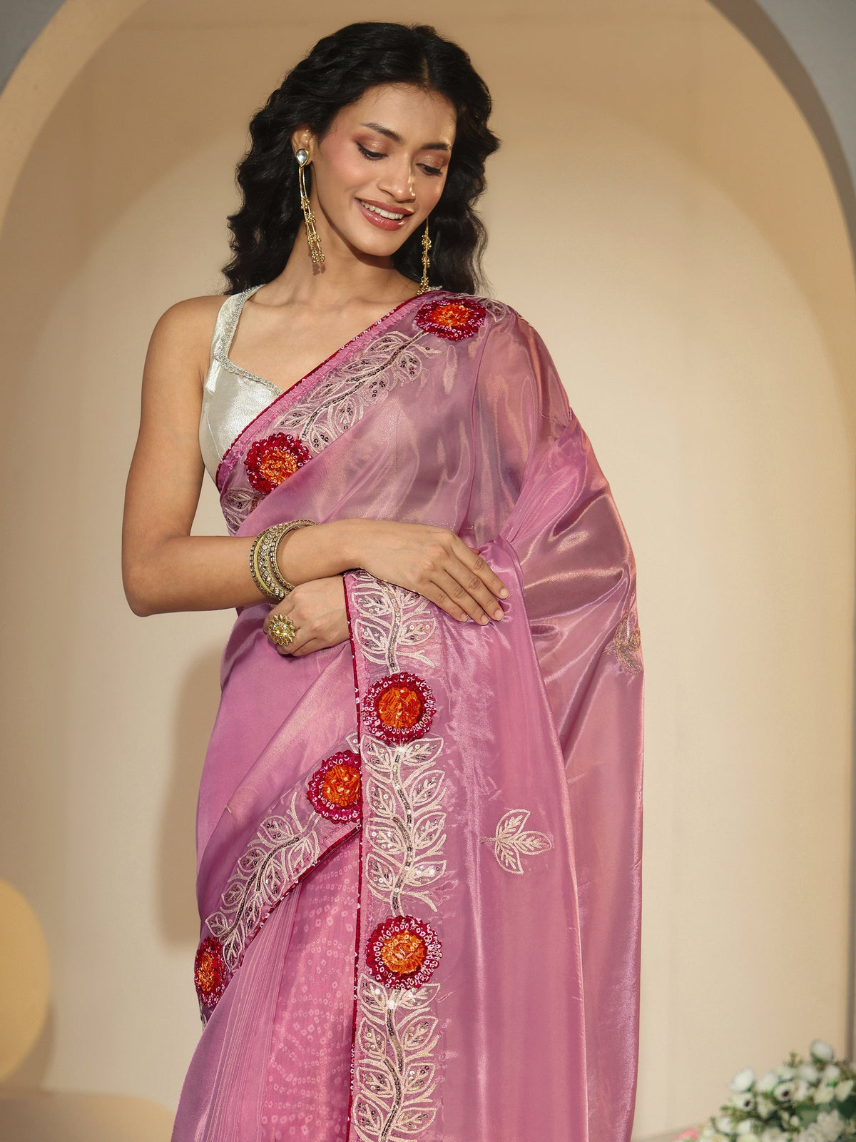 Anouk Dusty Rose Pink Floral Embellished Tissue Saree