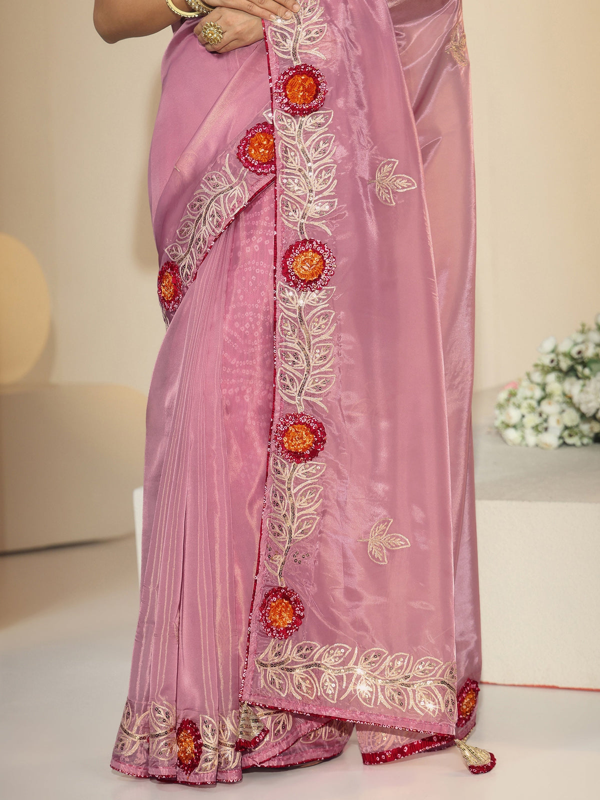 Anouk Dusty Rose Pink Floral Embellished Tissue Saree