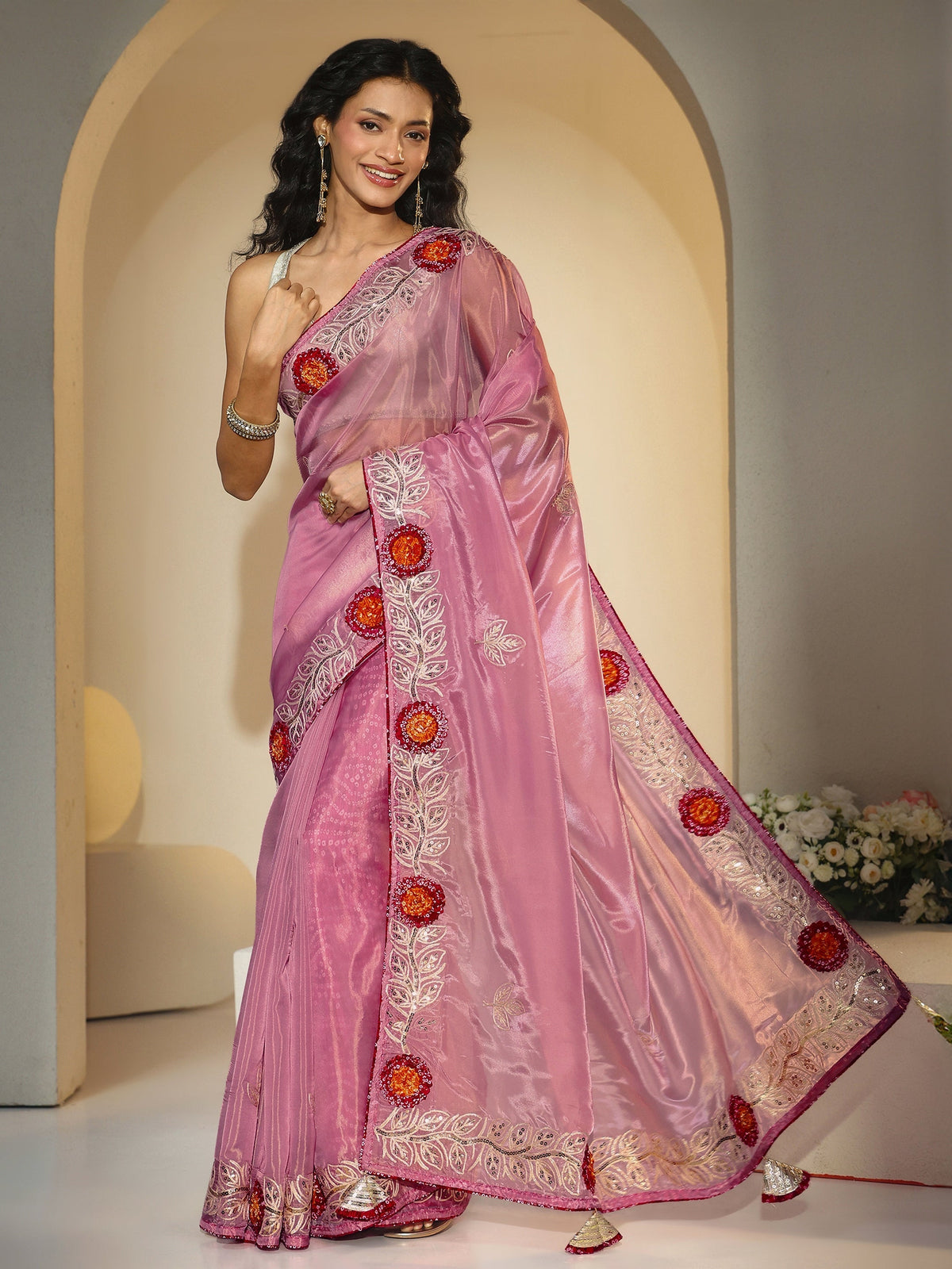 Anouk Dusty Rose Pink Floral Embellished Tissue Saree