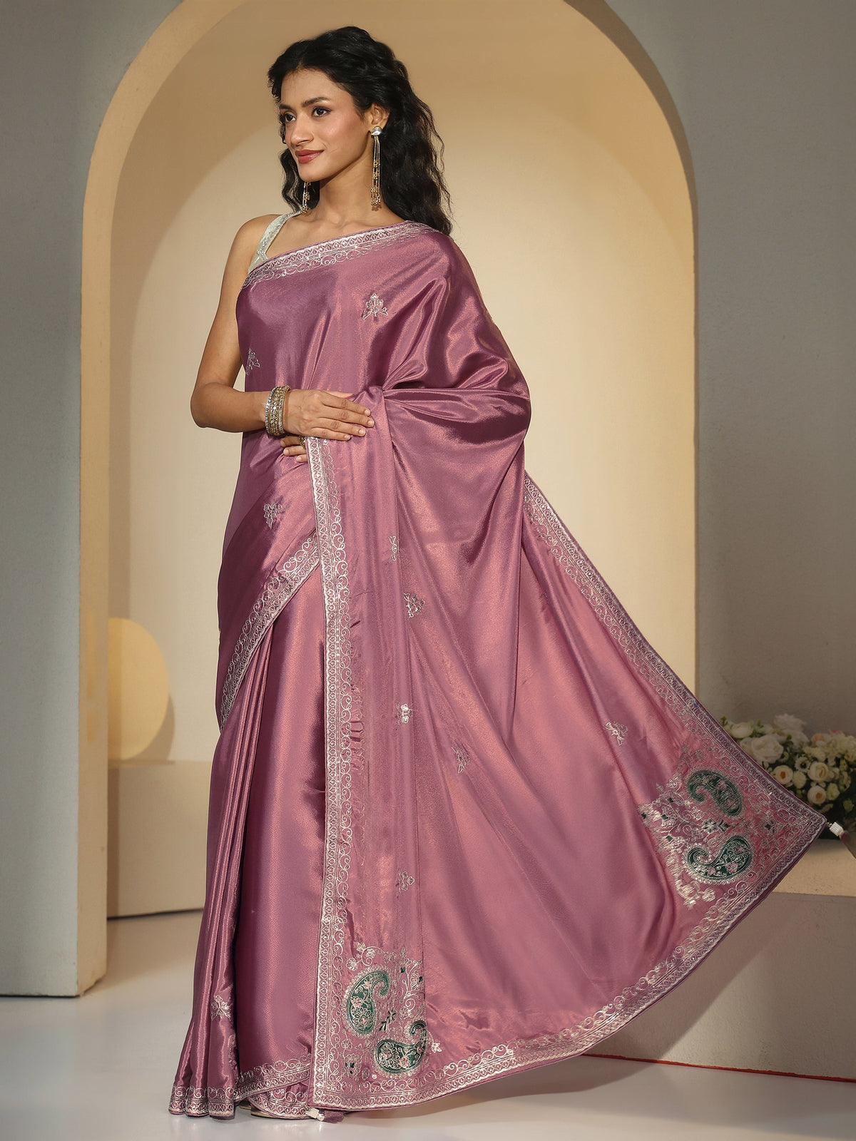 Anouk Dusty Rose Pink Embroidered Silk Blend Saree