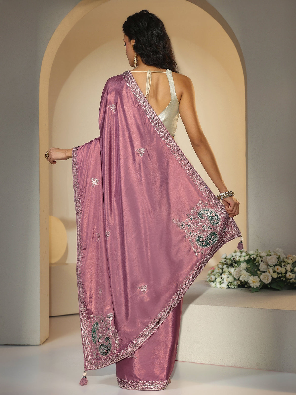 Anouk Dusty Rose Pink Embroidered Silk Blend Saree