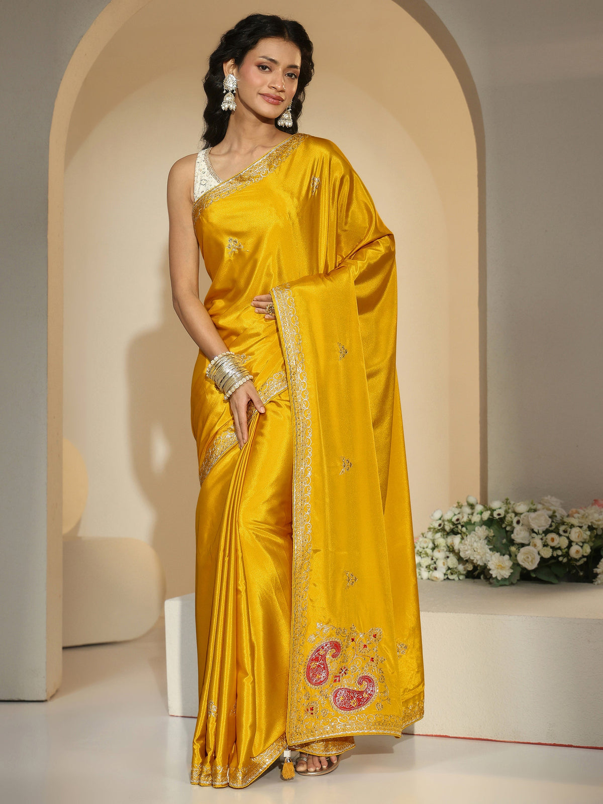 Anouk Mustard Embroidered Silk Blend Saree