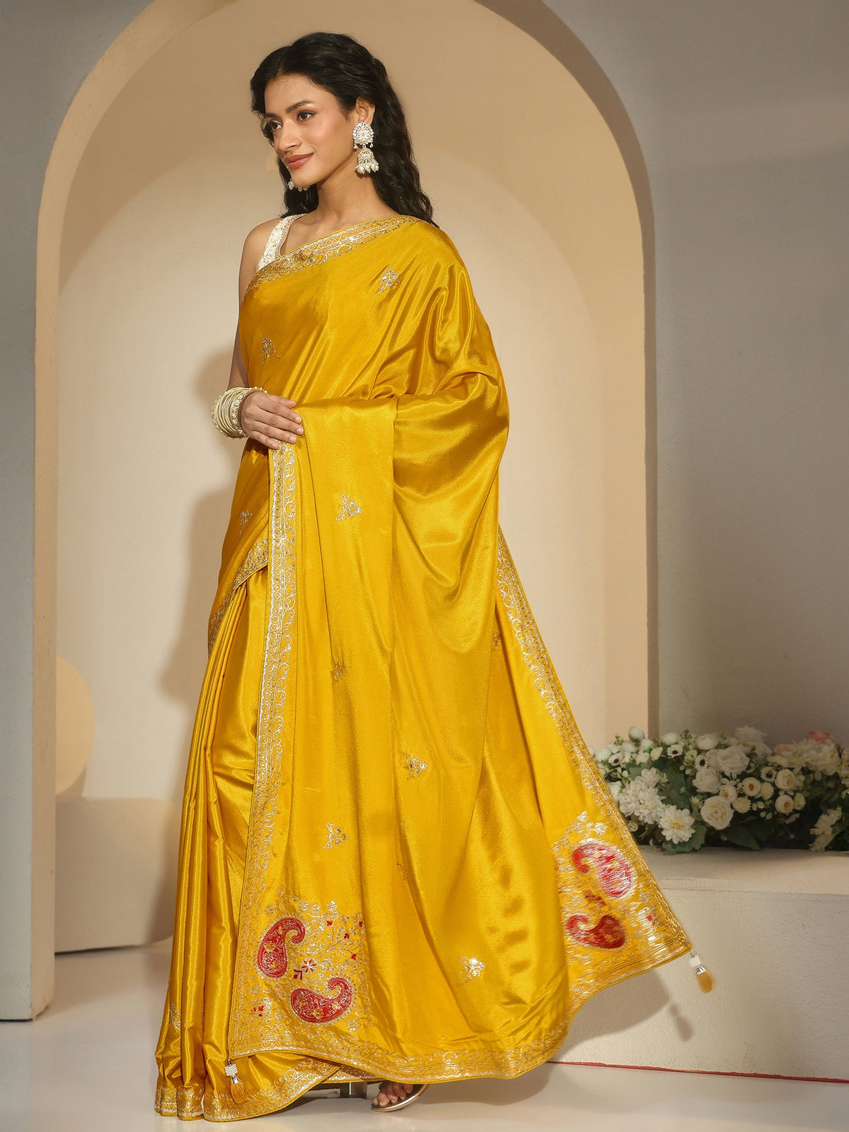 Anouk Mustard Embroidered Silk Blend Saree