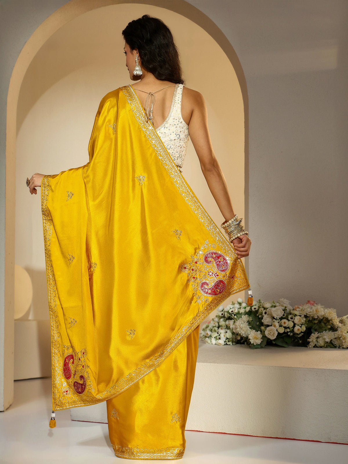 Anouk Mustard Embroidered Silk Blend Saree