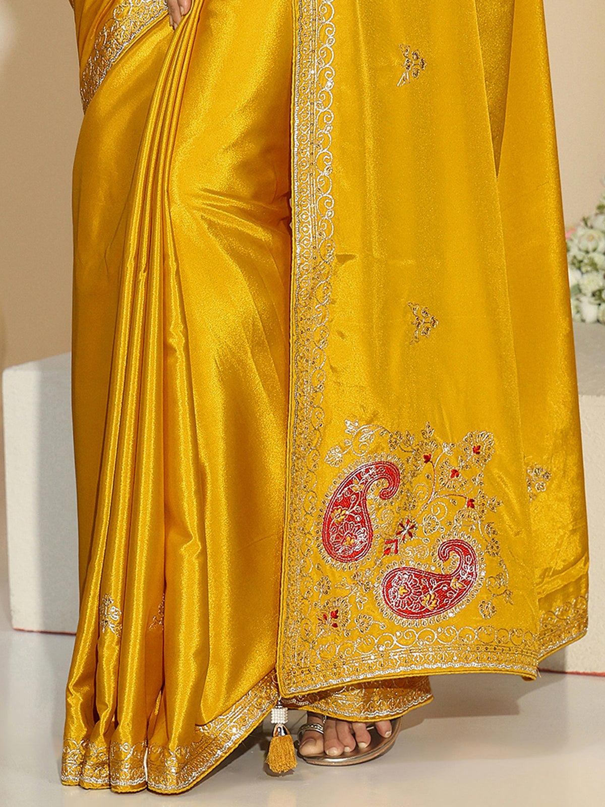 Anouk Mustard Embroidered Silk Blend Saree