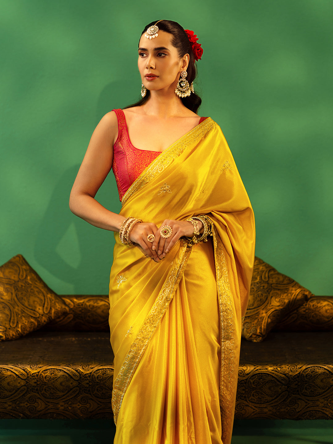 Anouk Mustard Embroidered Silk Blend Saree