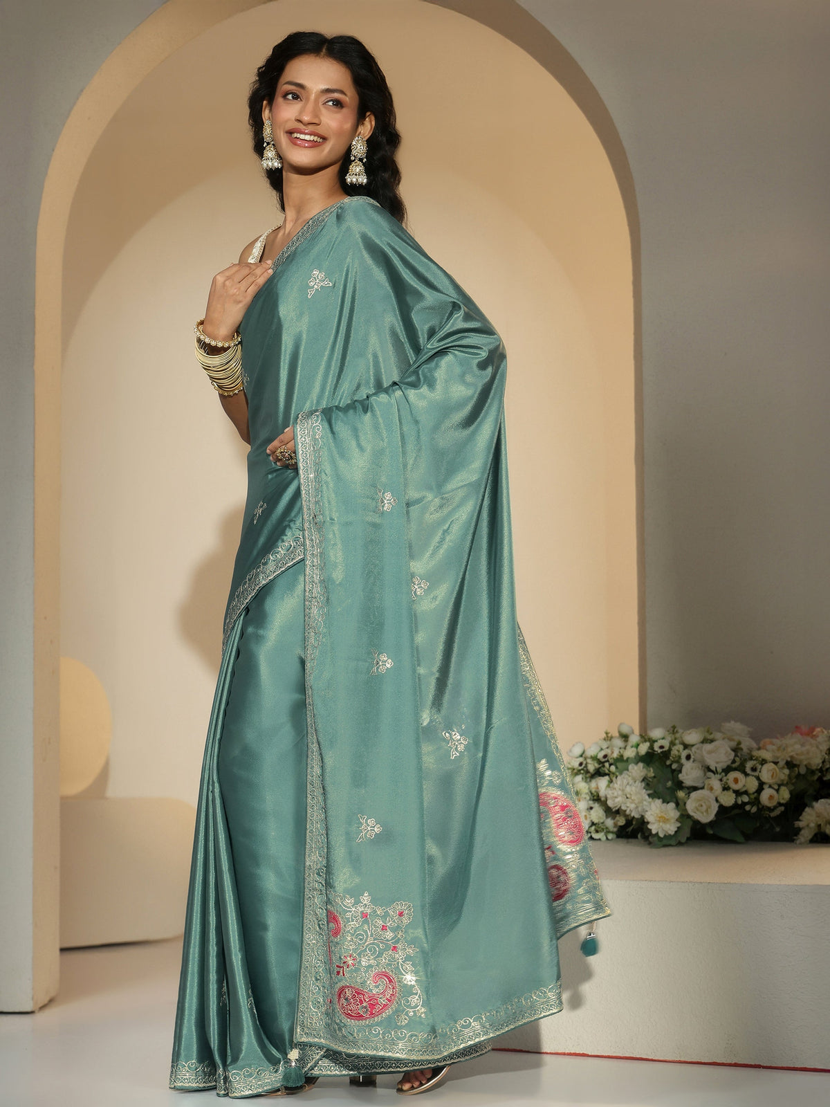 Anouk Aqua Green Embroidered Silk Blend Saree
