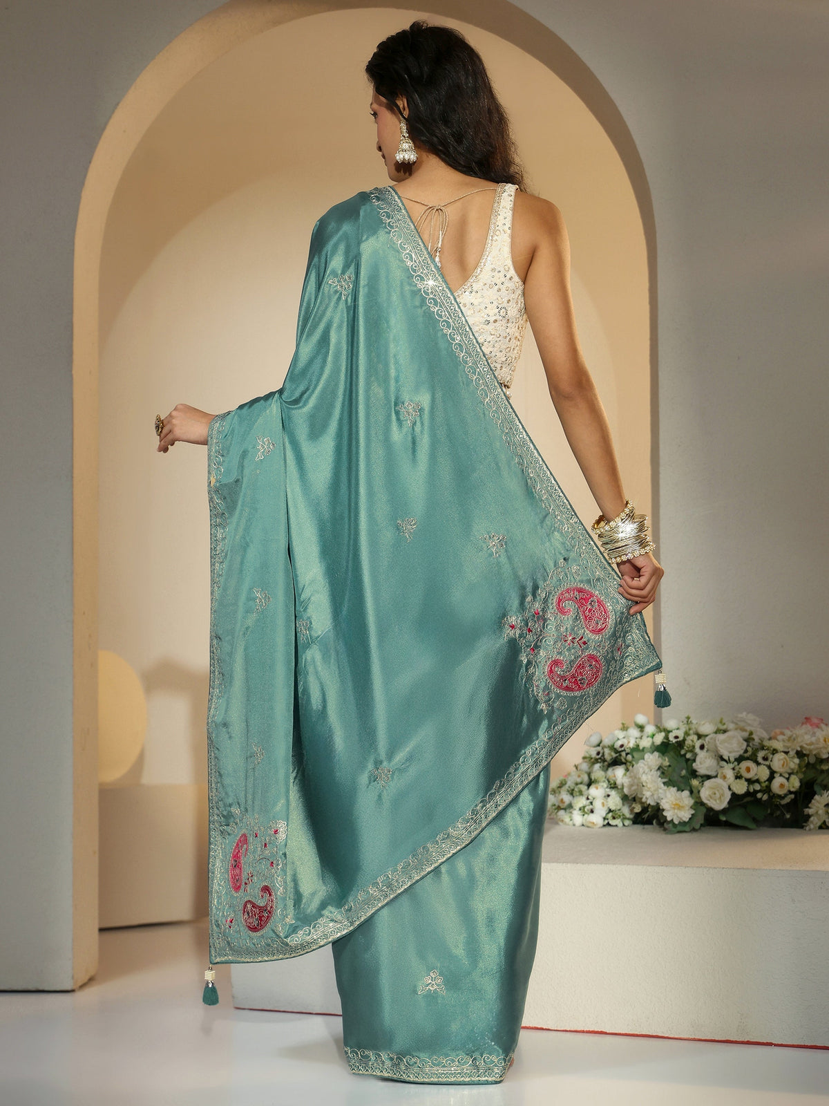 Anouk Aqua Green Embroidered Silk Blend Saree