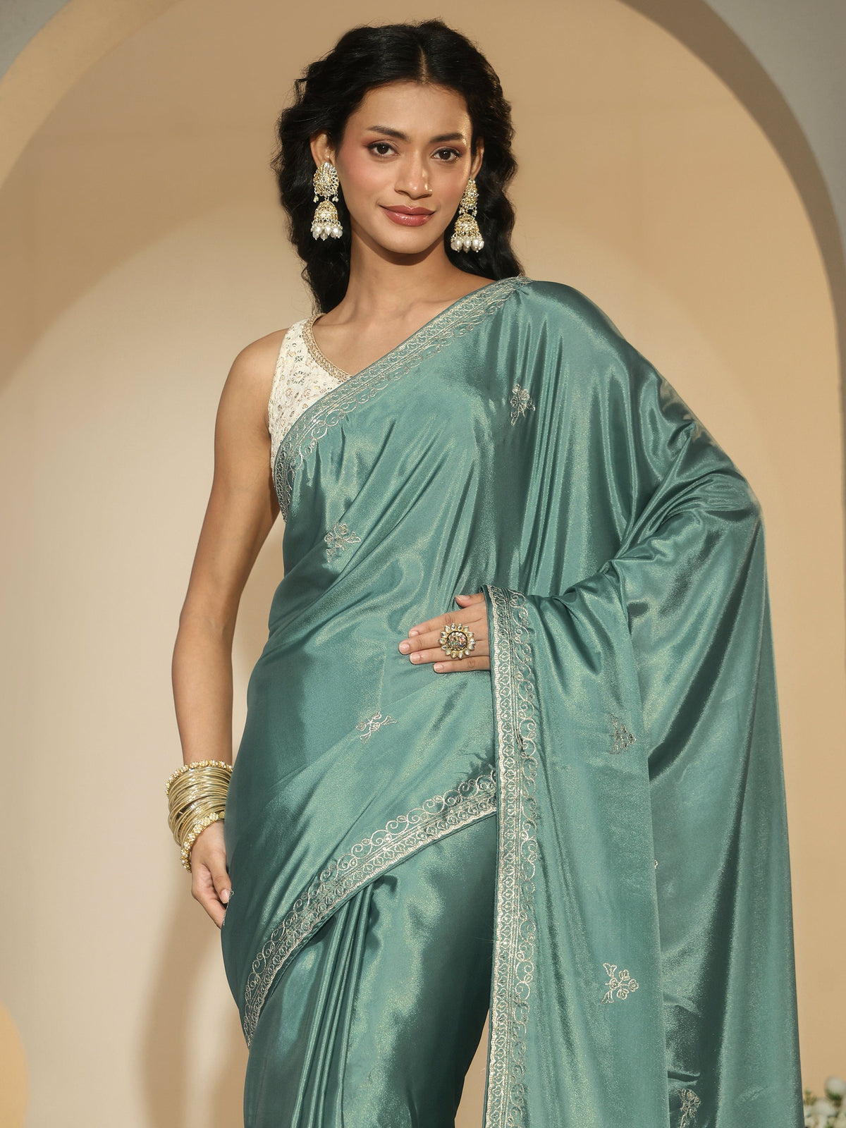 Anouk Aqua Green Embroidered Silk Blend Saree