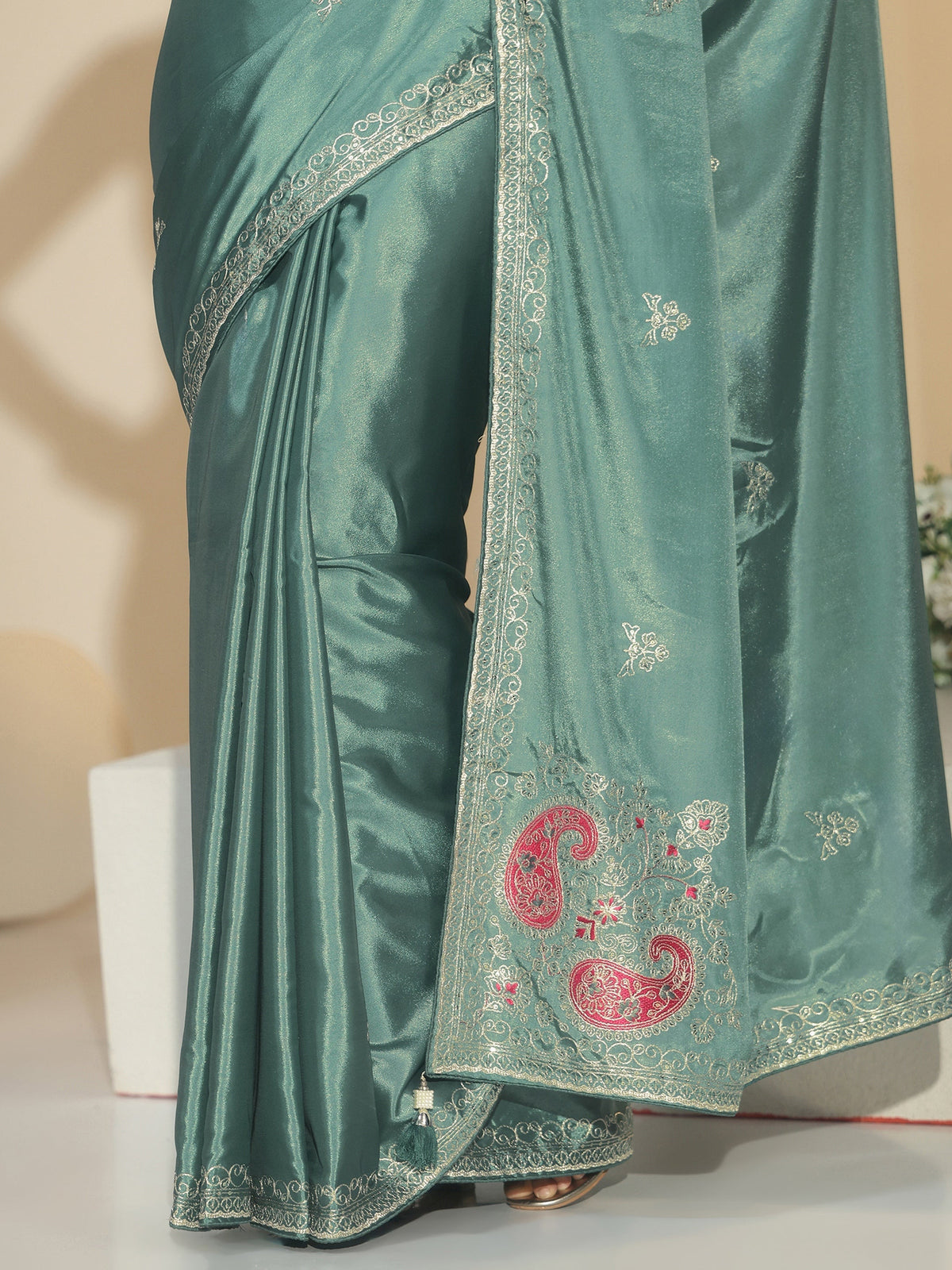 Anouk Aqua Green Embroidered Silk Blend Saree