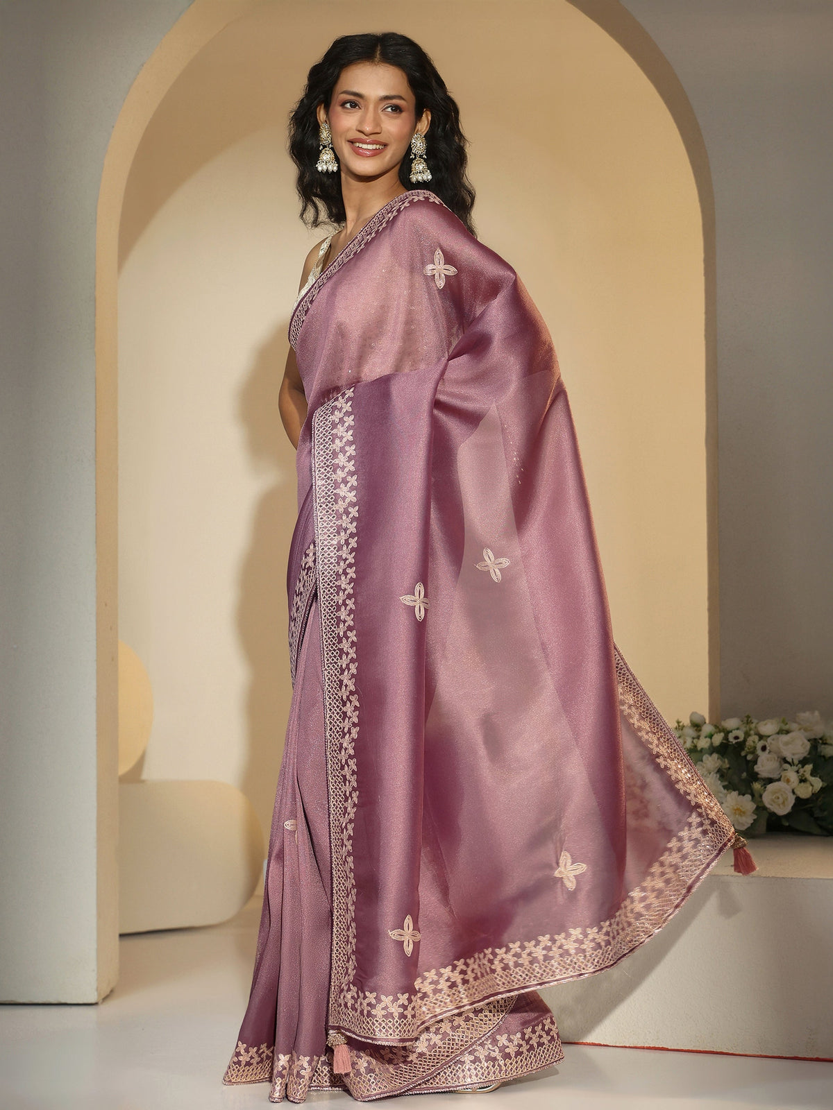 Anouk Mauve Mirror Work Embellished Tissue Saree