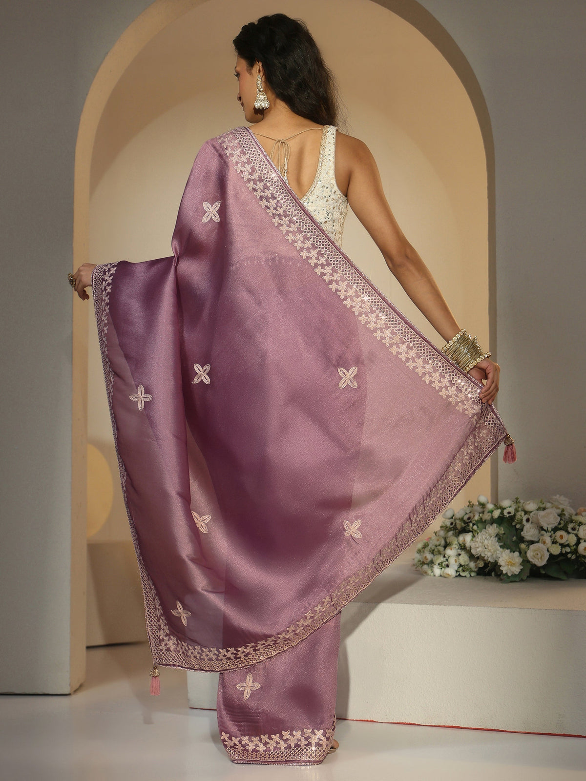 Anouk Mauve Mirror Work Embellished Tissue Saree