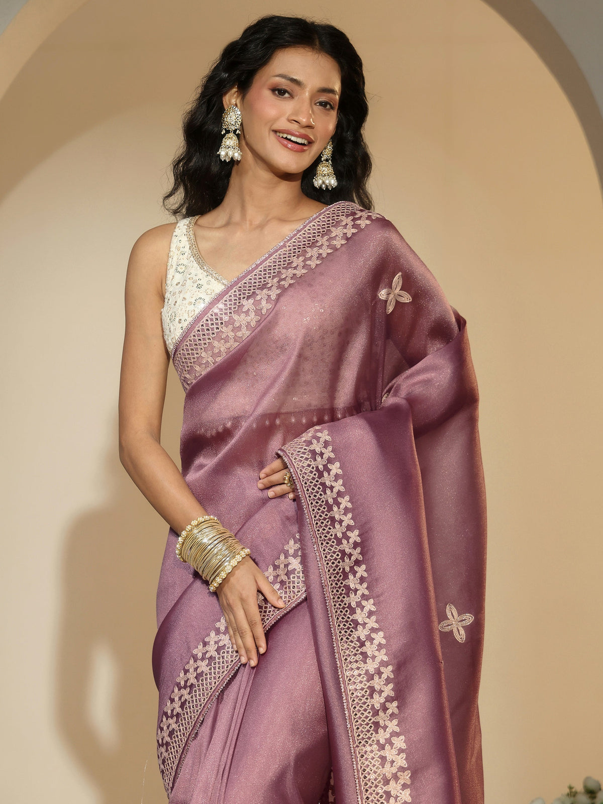 Anouk Mauve Mirror Work Embellished Tissue Saree