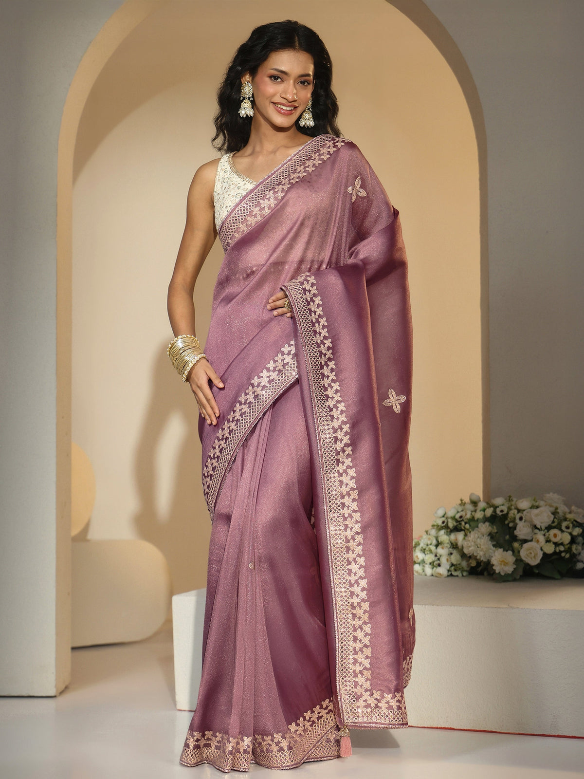 Anouk Mauve Mirror Work Embellished Tissue Saree