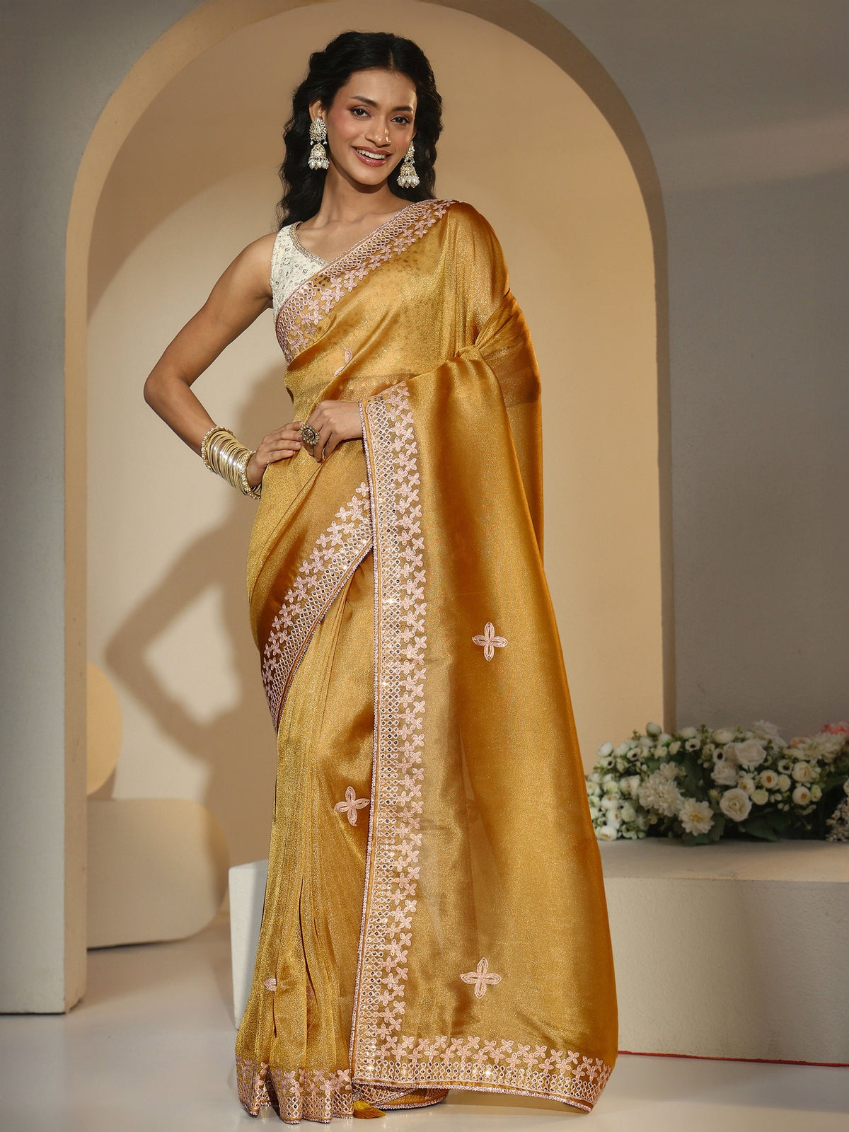 Anouk Mustard Mirror Work Embellished Tissue Saree