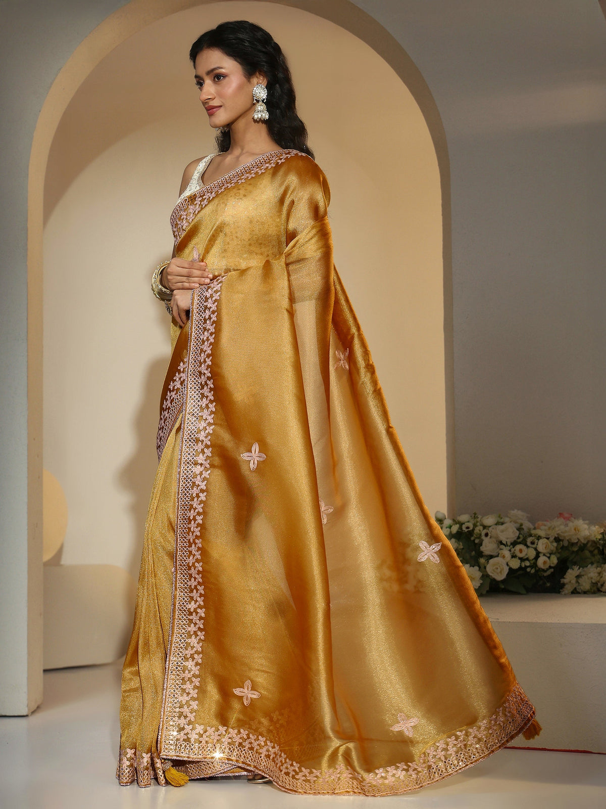 Anouk Mustard Mirror Work Embellished Tissue Saree