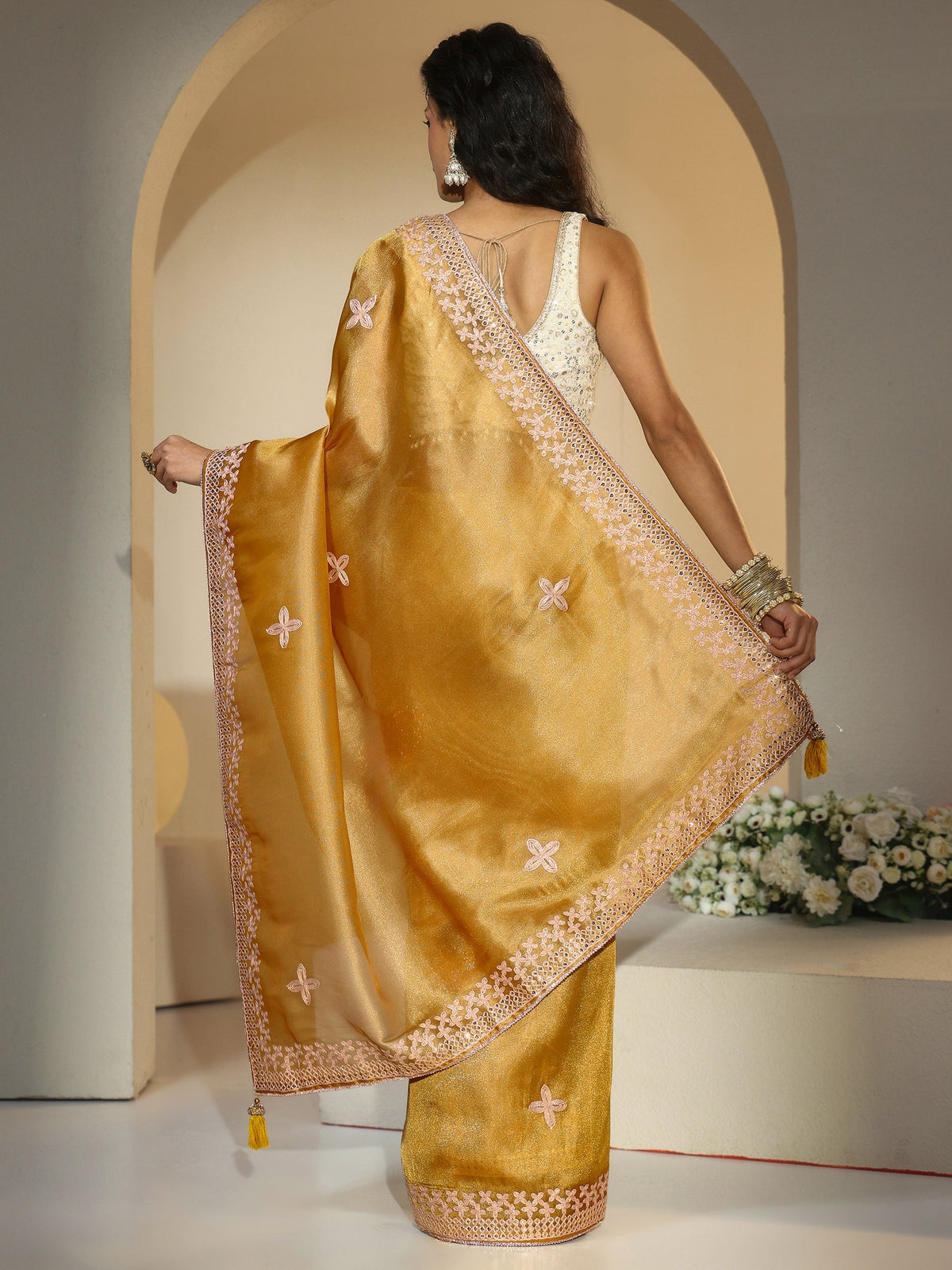 Anouk Mustard Mirror Work Embellished Tissue Saree