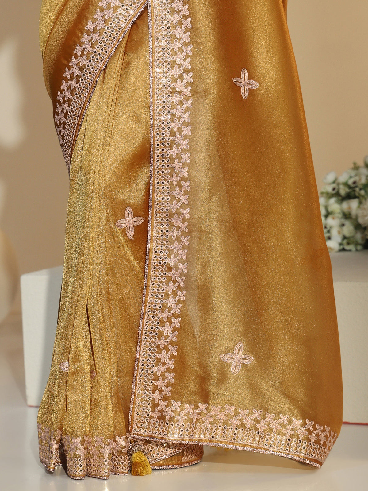 Anouk Mustard Mirror Work Embellished Tissue Saree