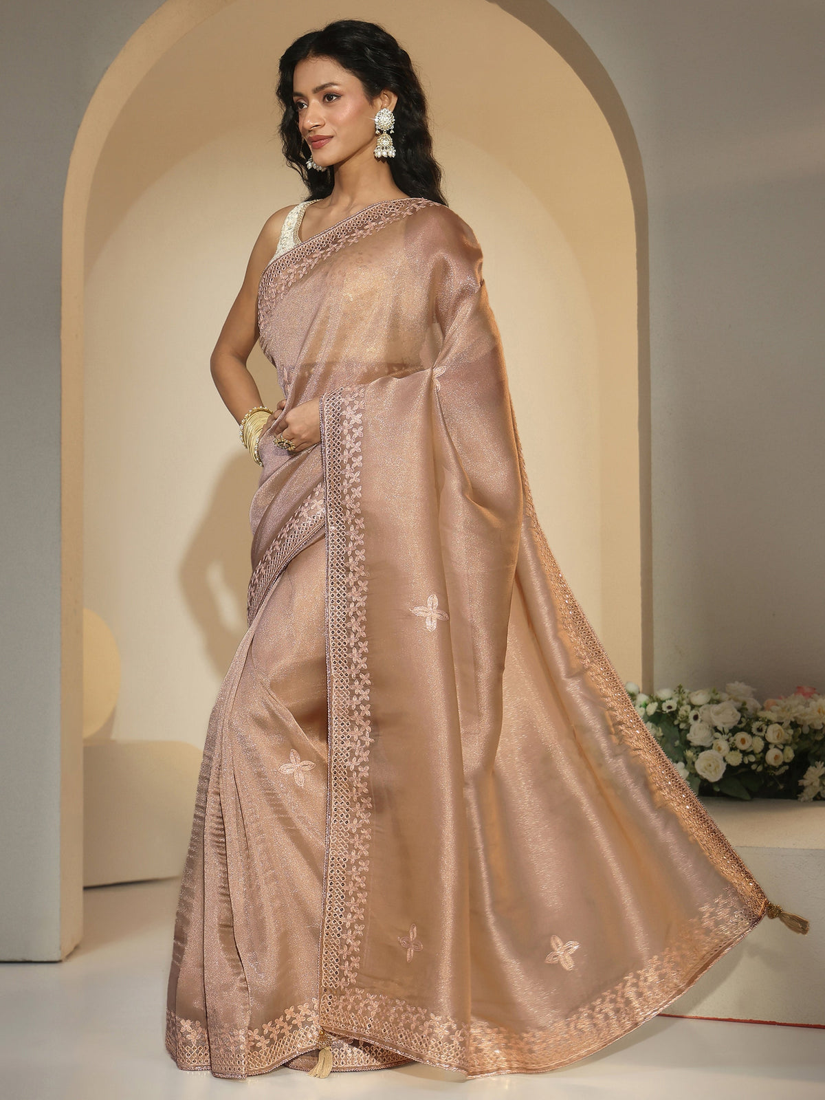 Anouk Golden Mirror Work Embellished Tissue Saree