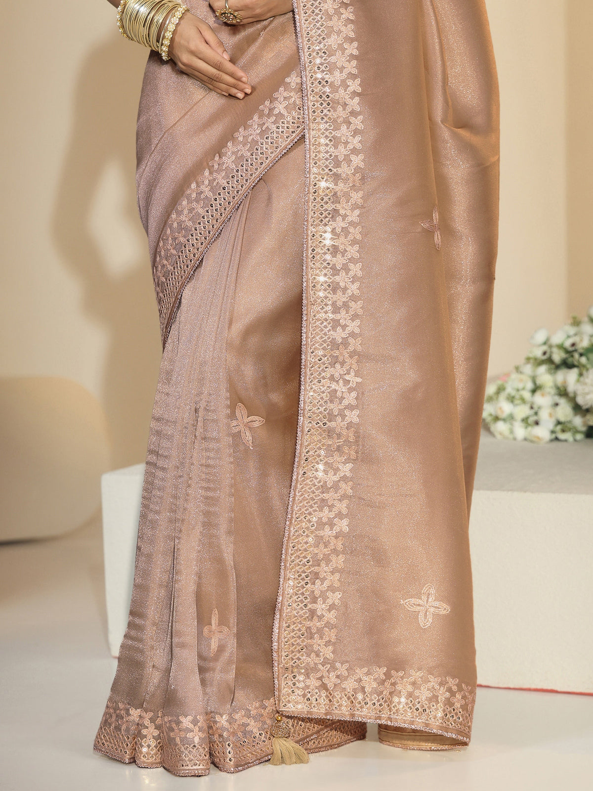 Anouk Golden Mirror Work Embellished Tissue Saree