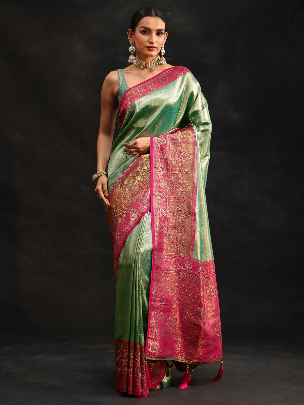 Anouk Sea Green Woven Design Silk Blend Saree