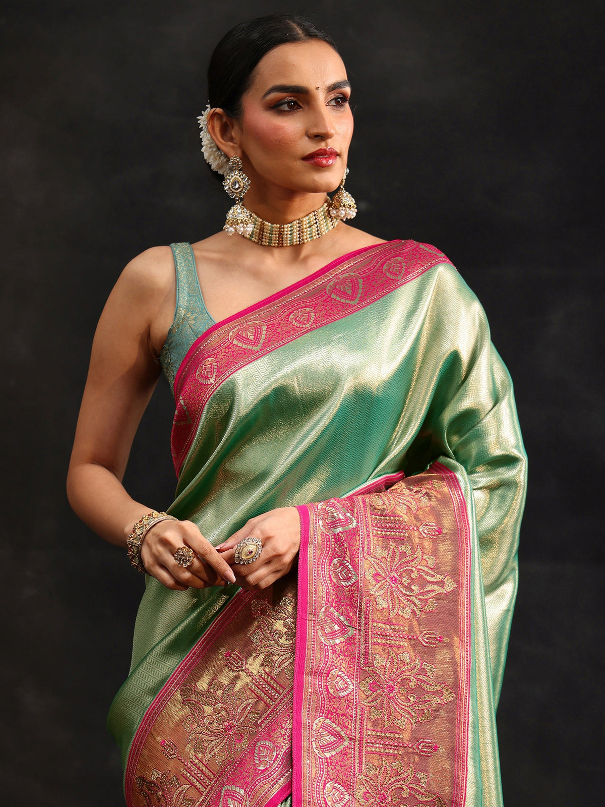 Anouk Sea Green Woven Design Silk Blend Saree