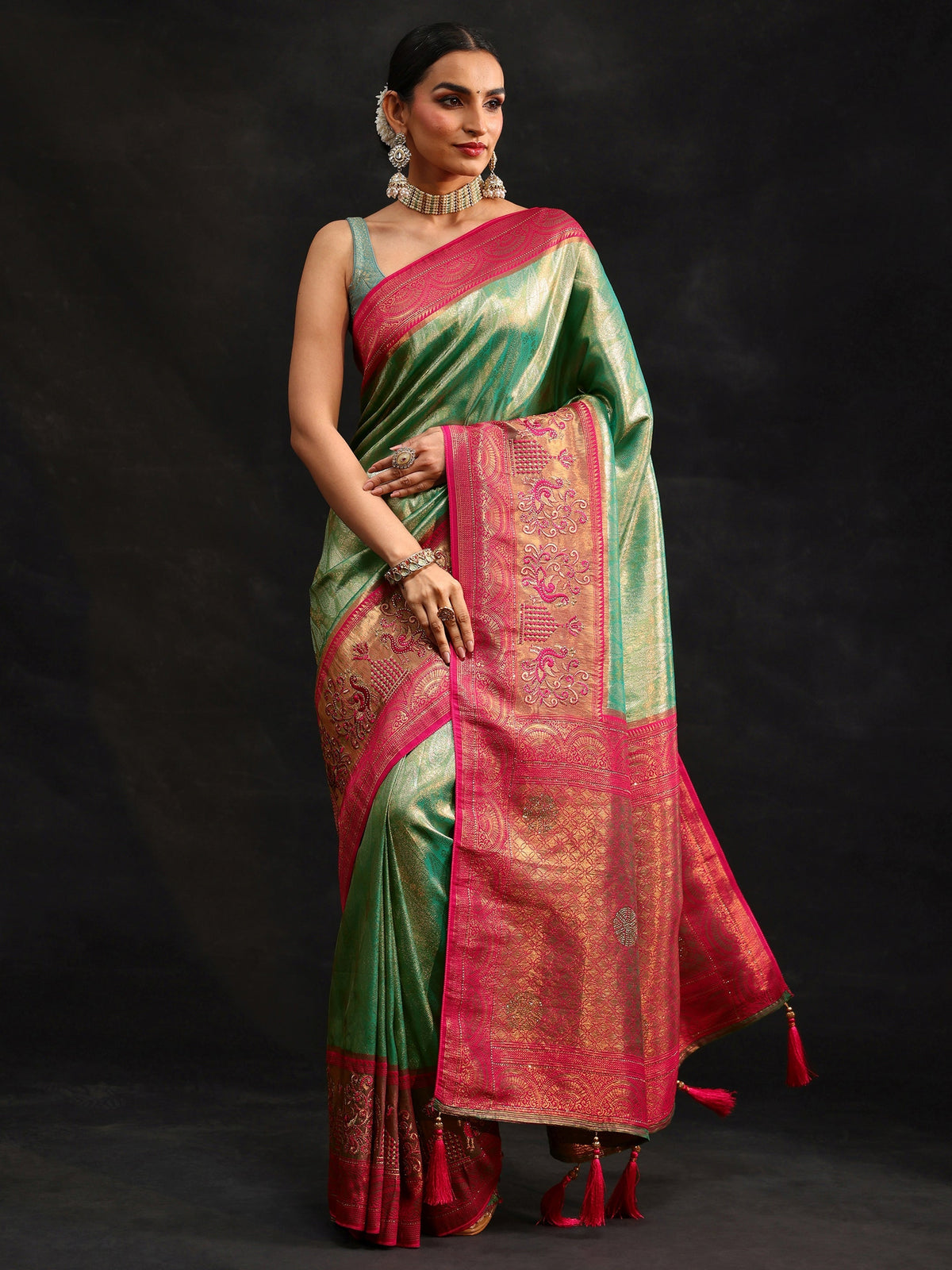 Anouk Sea Green Woven Design Silk Blend Saree