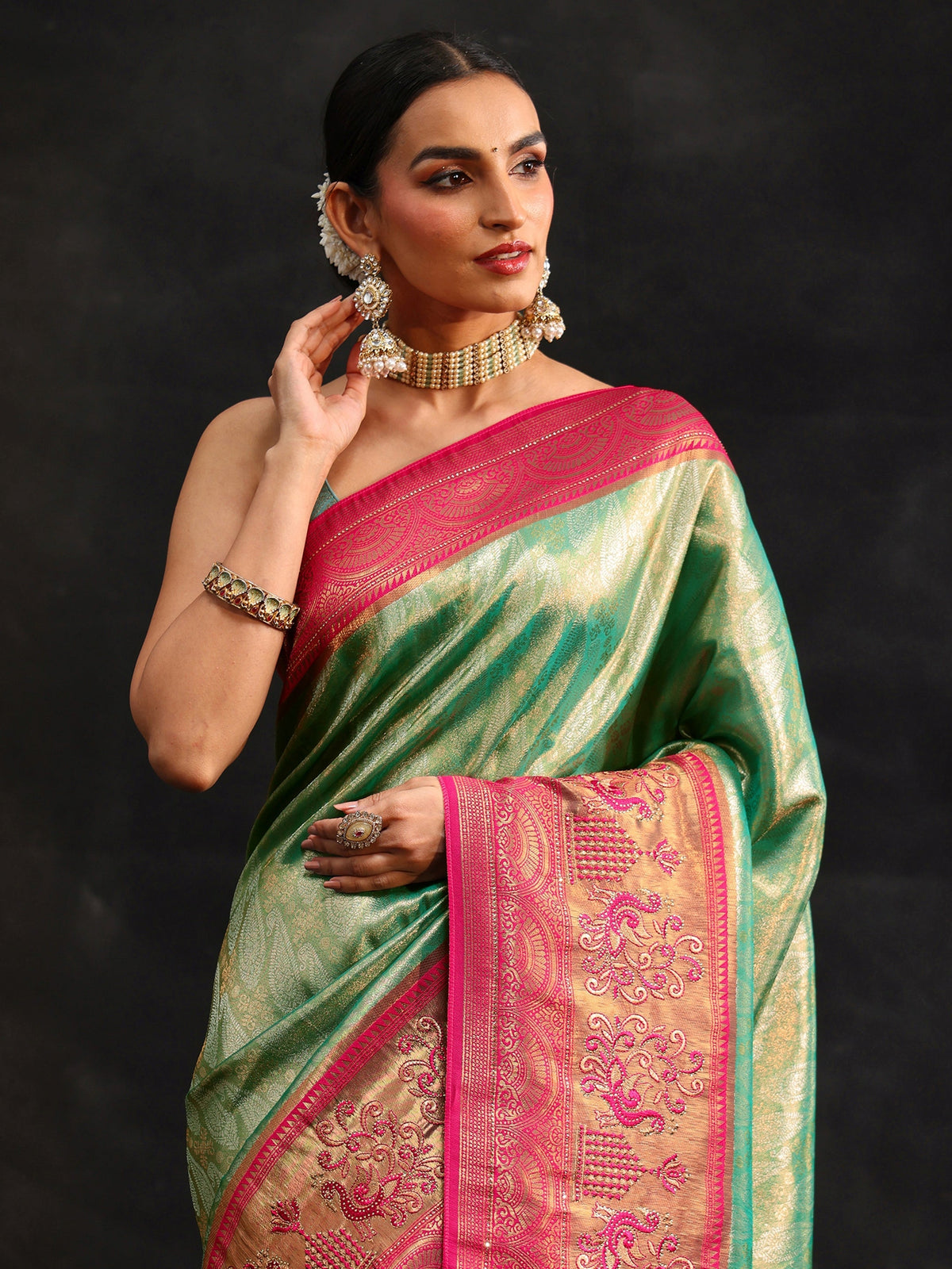 Anouk Sea Green Woven Design Silk Blend Saree