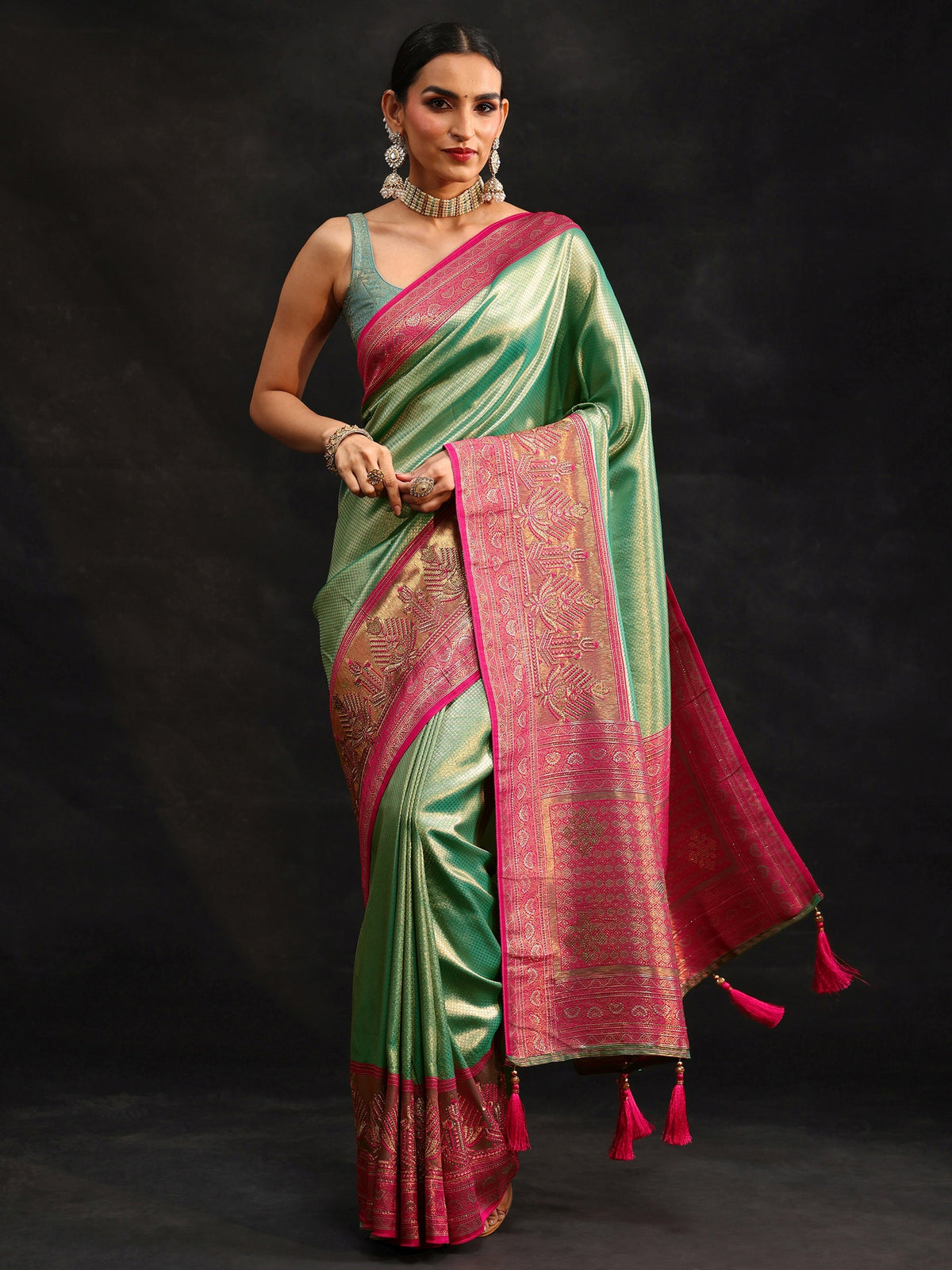 Anouk Sea Green Woven Design Silk Blend Saree