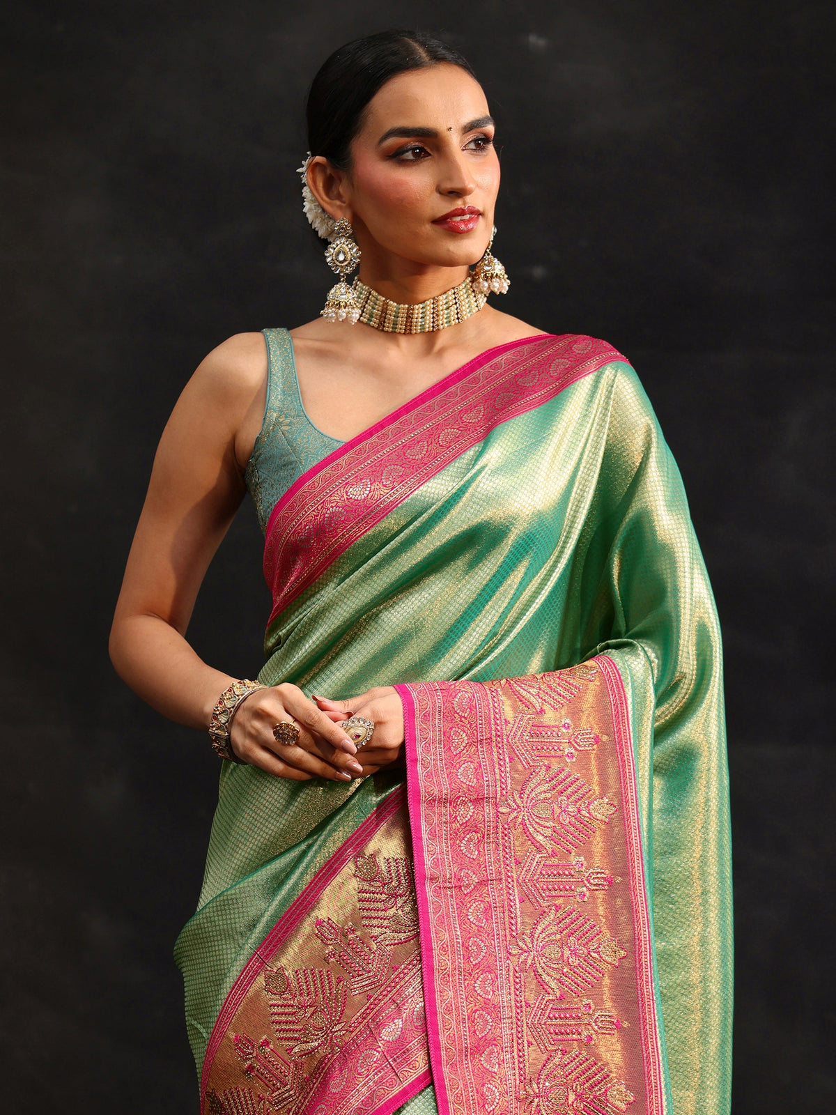 Anouk Sea Green Woven Design Silk Blend Saree