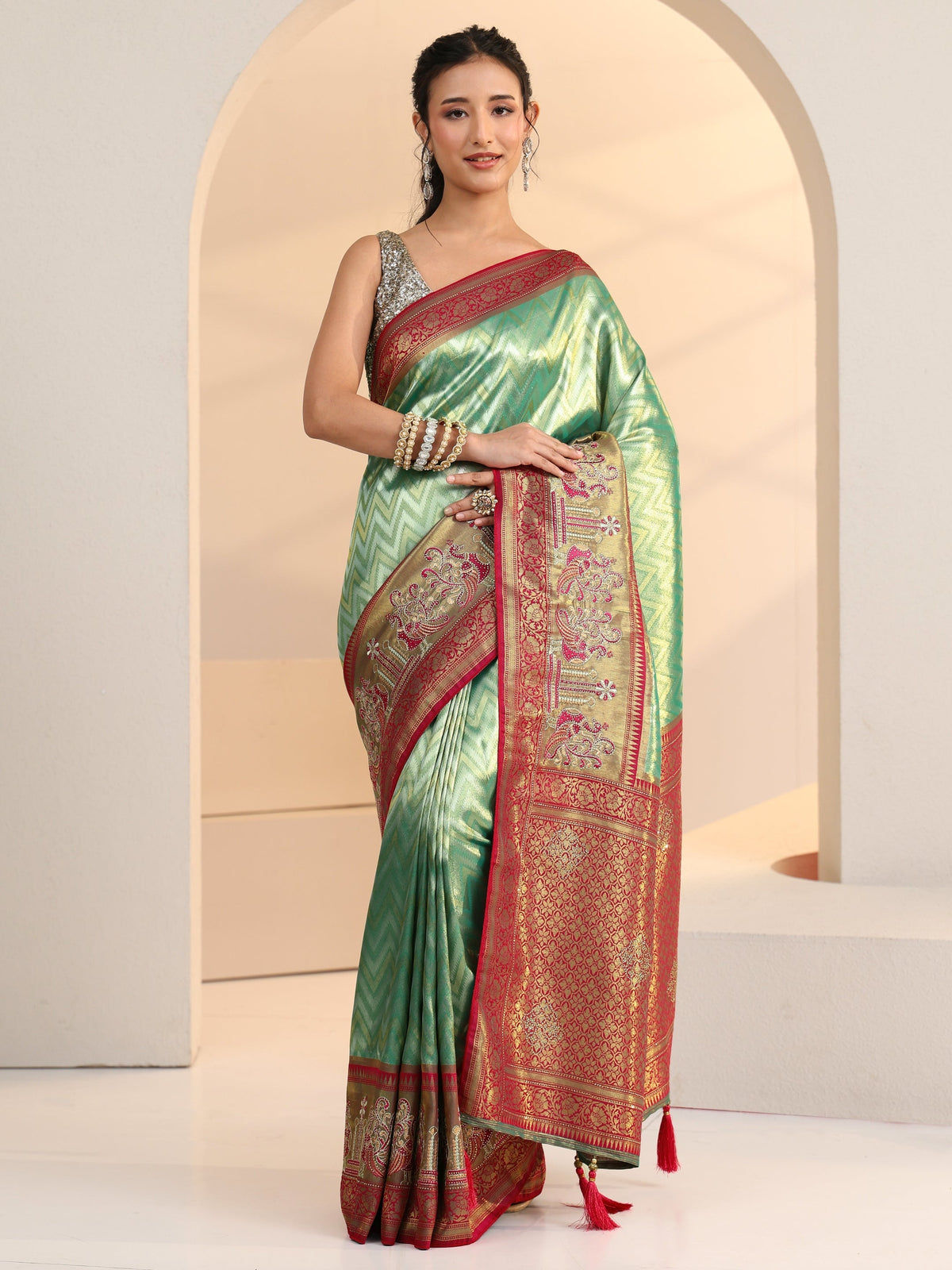Anouk Seafoam Green Chevron Woven Design Silk Blend Saree