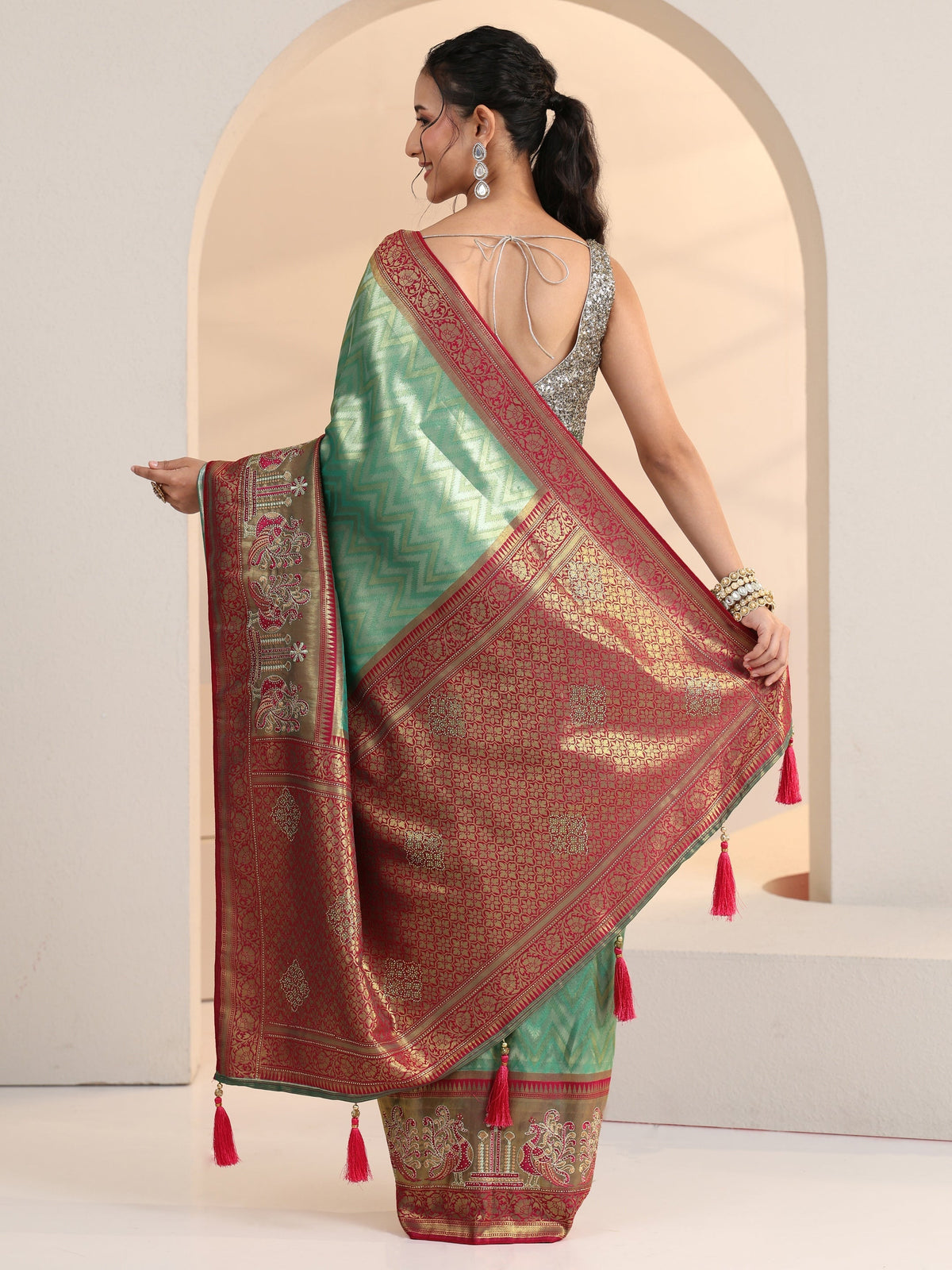 Anouk Seafoam Green Chevron Woven Design Silk Blend Saree