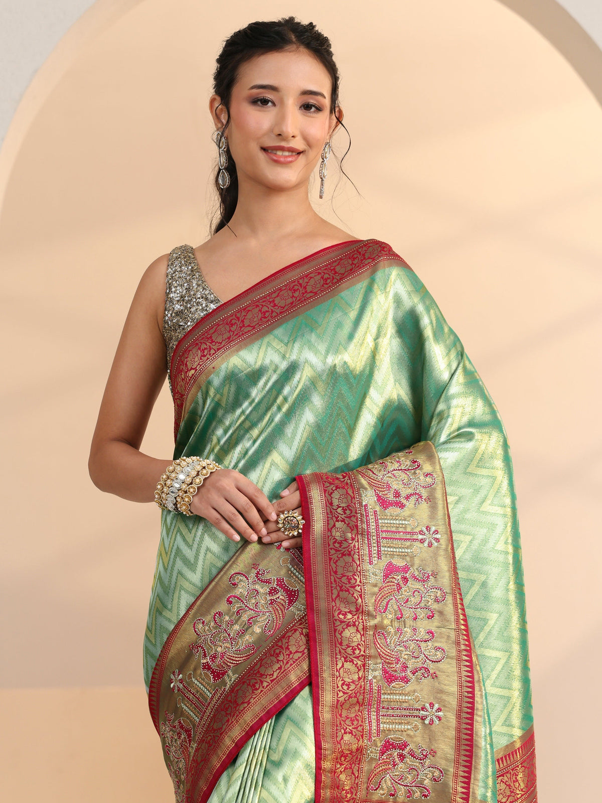 Anouk Seafoam Green Chevron Woven Design Silk Blend Saree