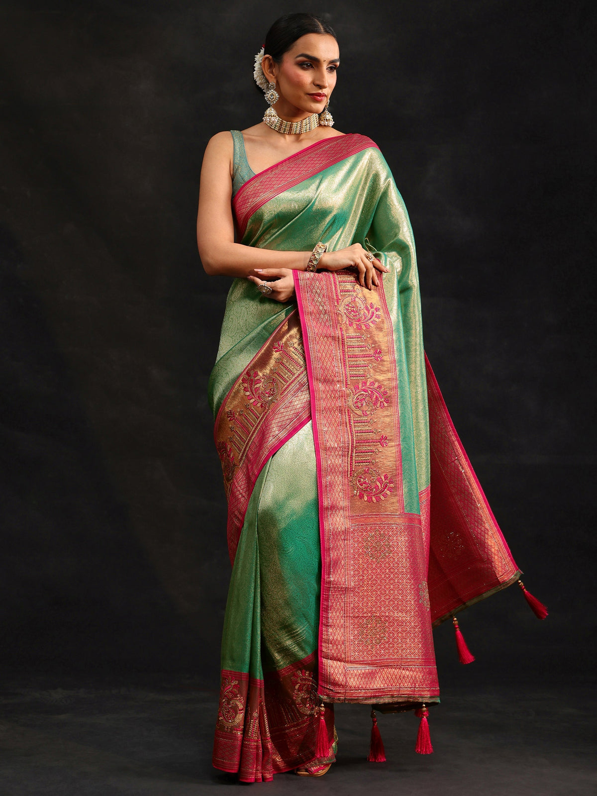 Anouk Sea Green Woven Design Silk Blend Saree