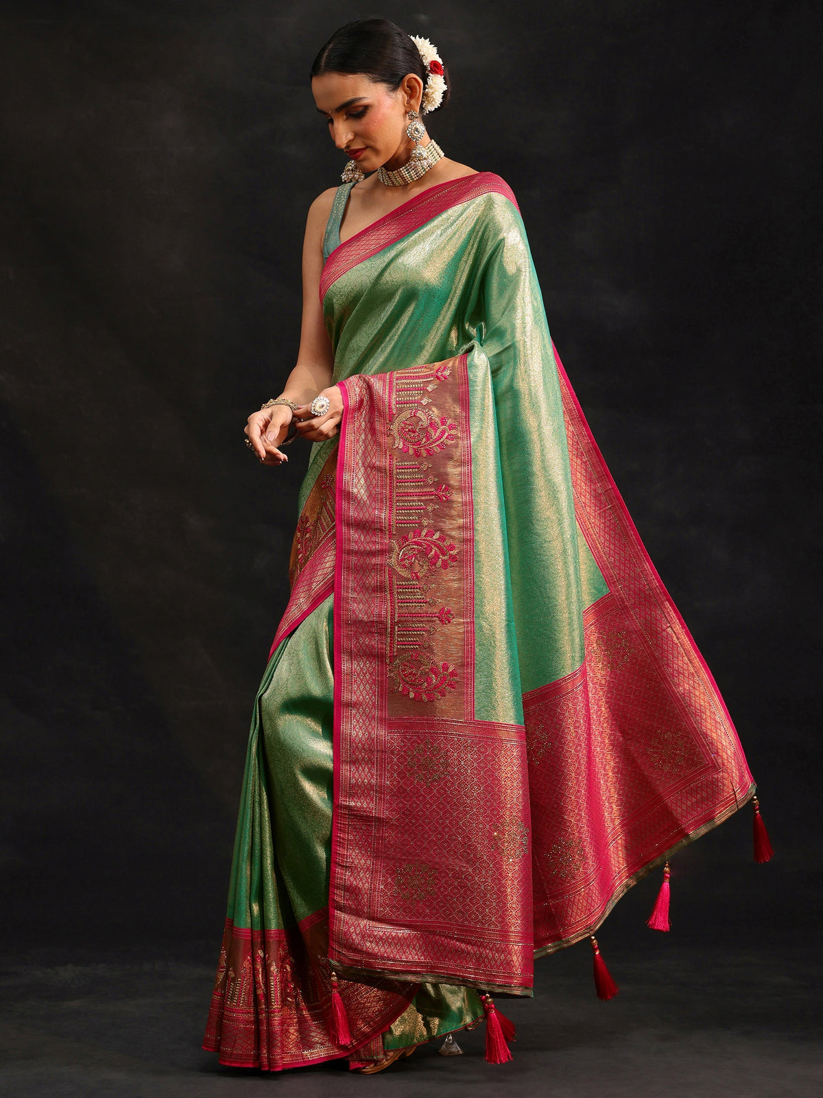 Anouk Sea Green Woven Design Silk Blend Saree