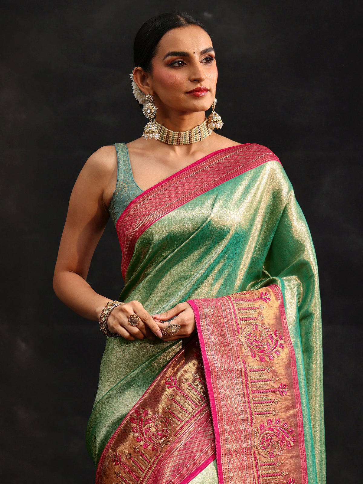 Anouk Sea Green Woven Design Silk Blend Saree