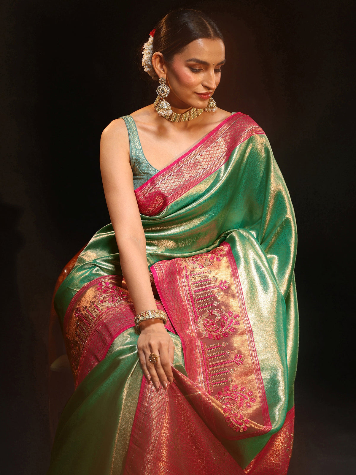 Anouk Sea Green Woven Design Silk Blend Saree