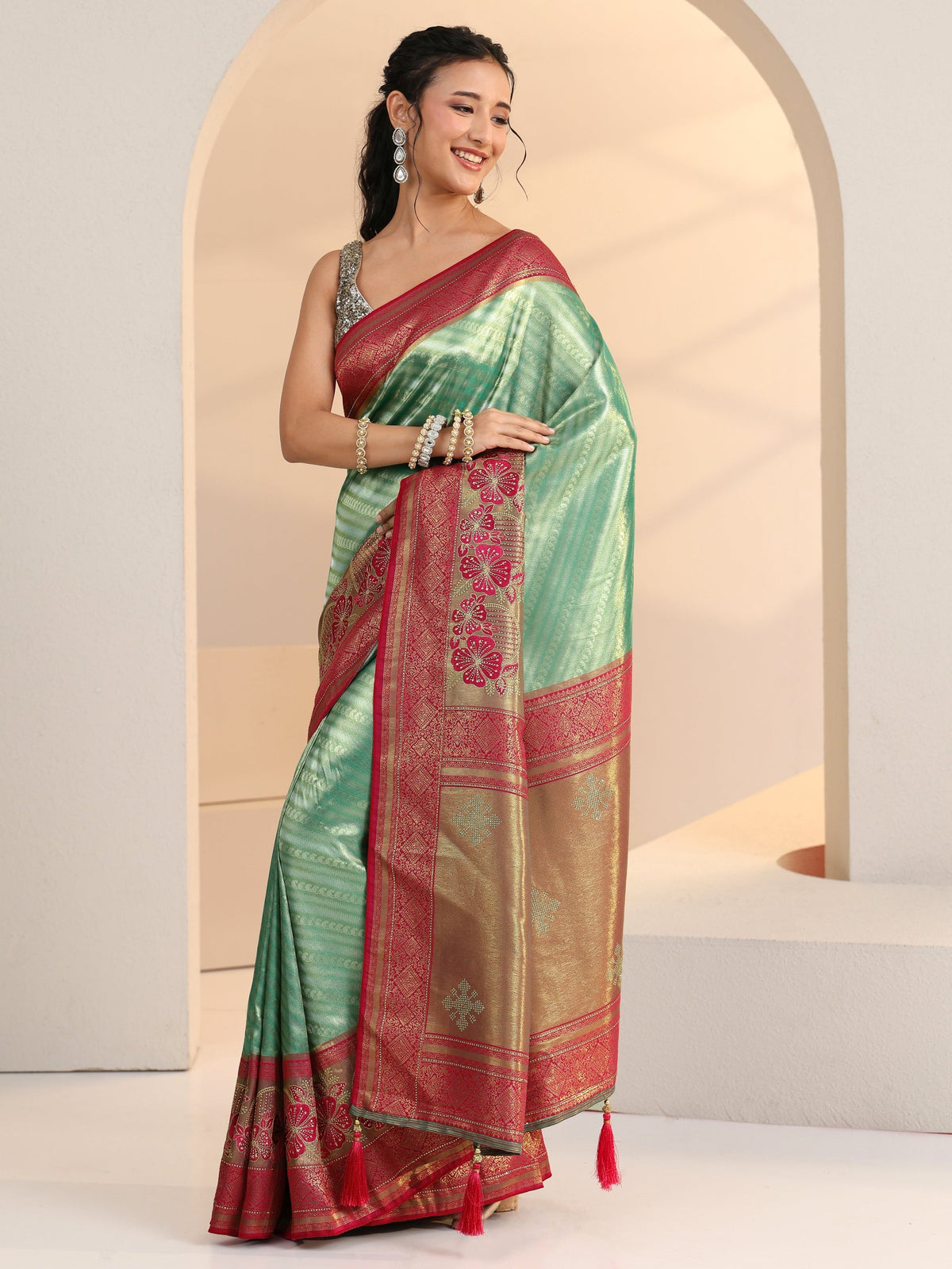 Anouk Seafoam Green Woven Design Silk Blend Saree