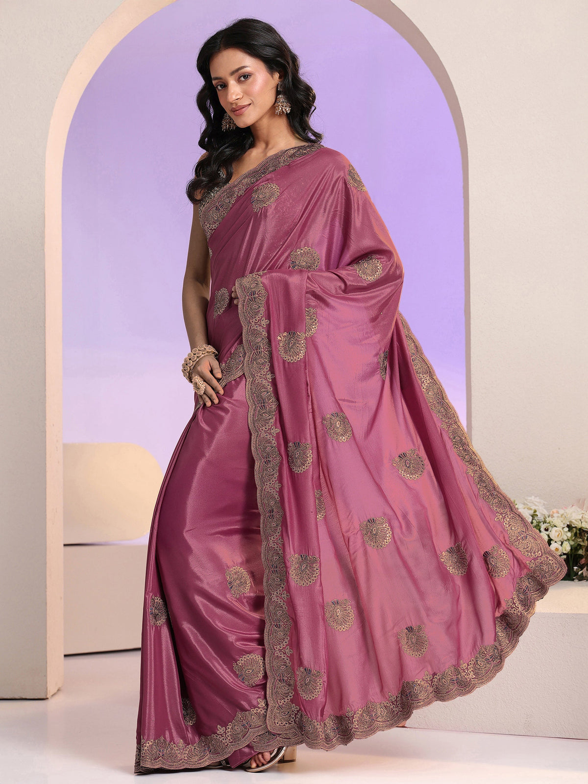 Anouk Mauve Embellished Satin Saree